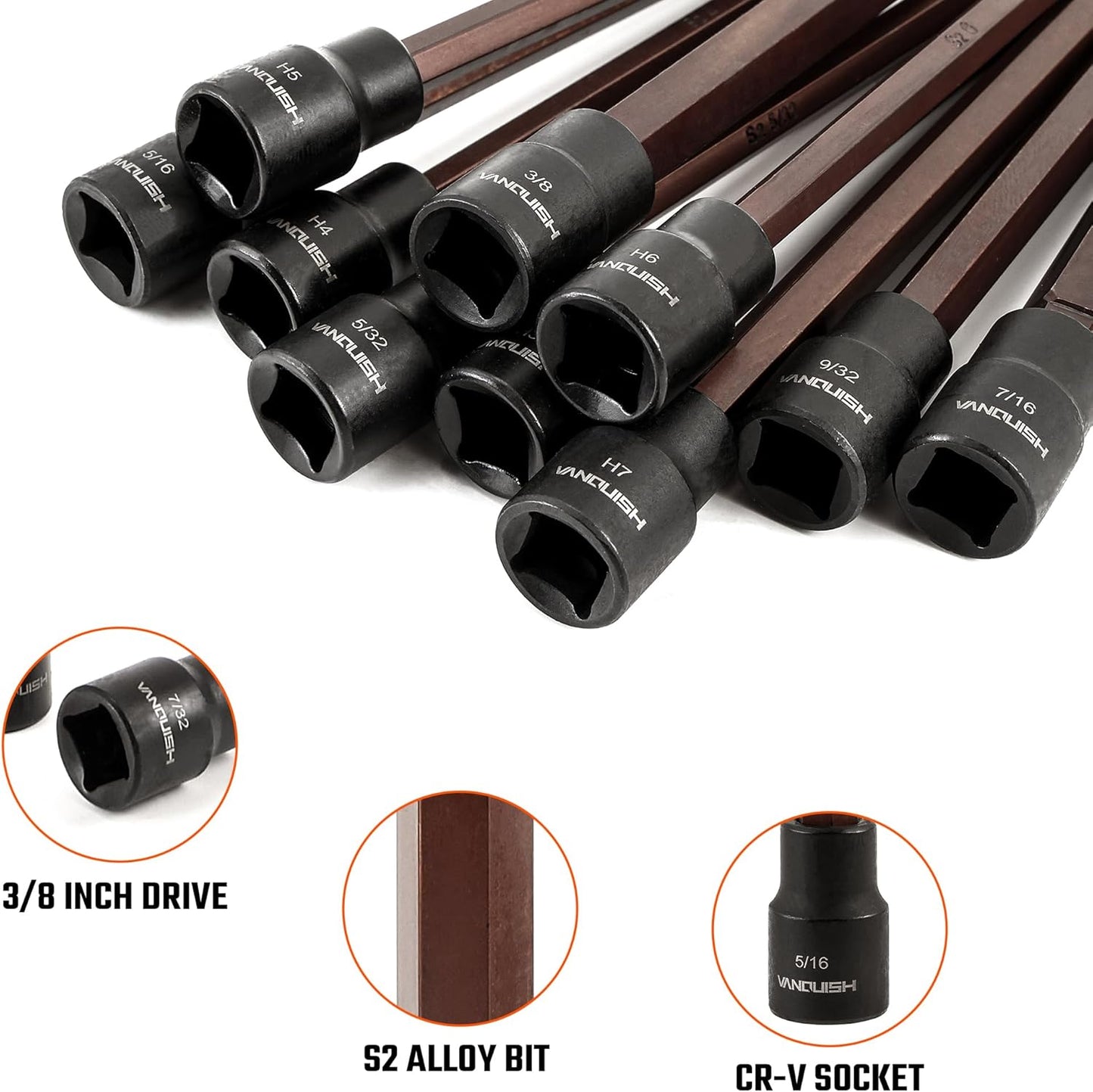 VANQUISH 20-Piece Extra Long Hex Bit Socket Set, 3/8 Inch Drive Allen Socket Set, Metric 3-12mm | SAE 1/8-Inch - 7/16-Inch 8998