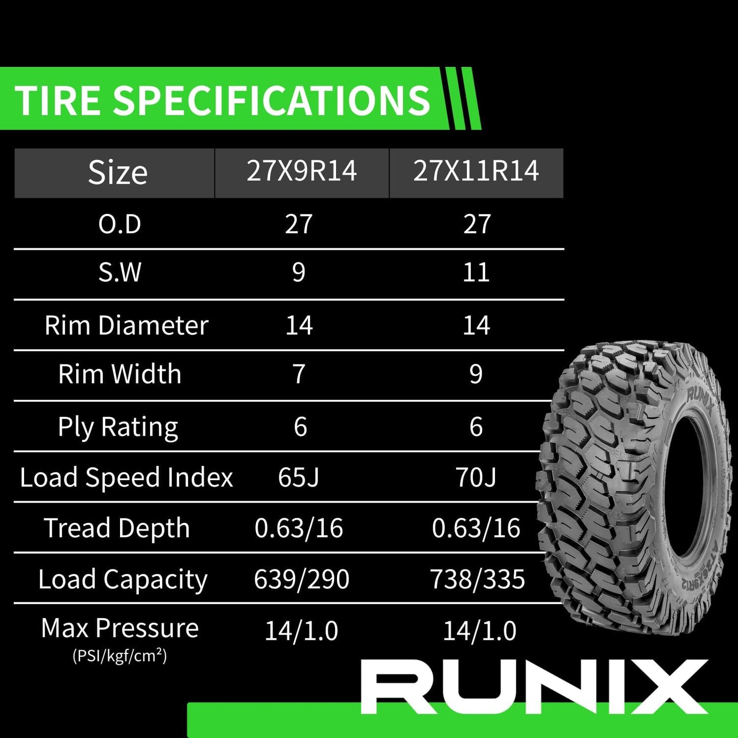 RUNIX ATV UTV Radial Tires, RUNIX TerraVance, 27X9R14 Front, 27X11R14 Rare, Set of 4, Radial Tire, All Terrain, 6PR, Tubeless