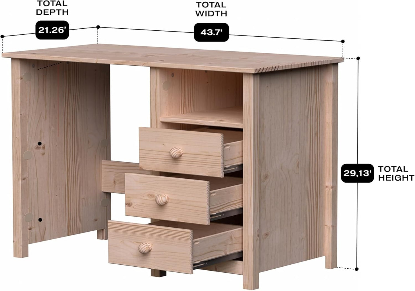 Compact Pine Desk with Drawers – Solid Wood Study Table for Kids and Adults