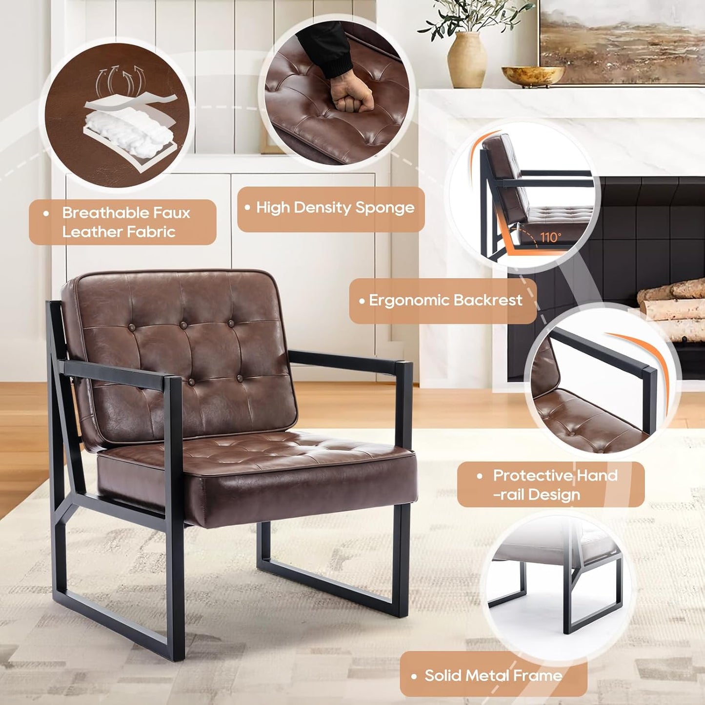 COLAMY Leather Accent Chairs Set of 2, Accent Arm Chairs for Living Room, Comfy Leather Armchairs with Metal Legs for Bedroom Reception Room, Brown