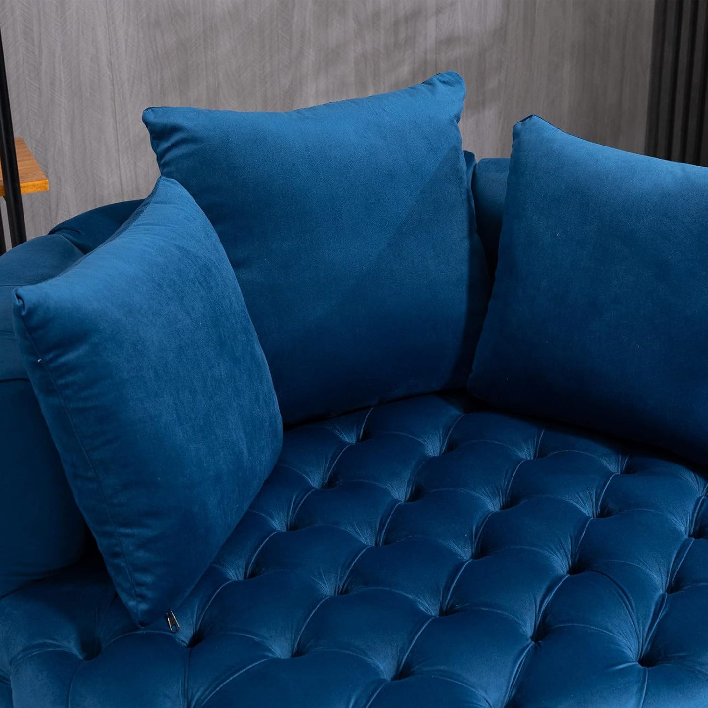 Velvet Accent Chair, Tufted Upholstered Barrel Chair Lounge Chair with 3 Movable Pillows and Solid Wood Legs, Oversized Round Sofa Chair Reading Chair for Living Room Bedroom Hotel Office, Blue