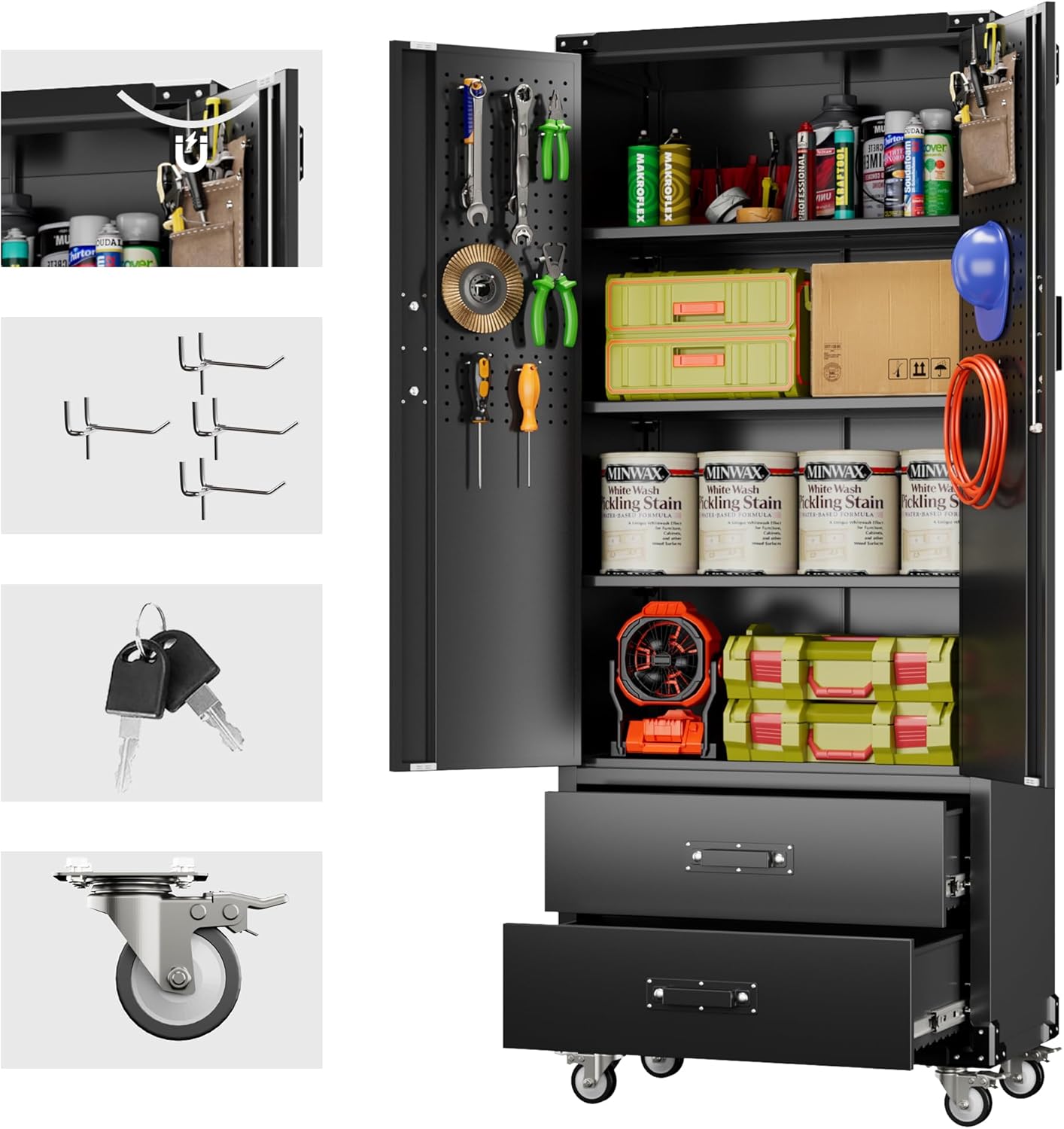 71" H Broom Storage Cabinet with Wheels and Doors,Rolling Tool Cabinet with Pegboard,Shelves and Rod for Garage Warehouse Home,Required Assembly,Black