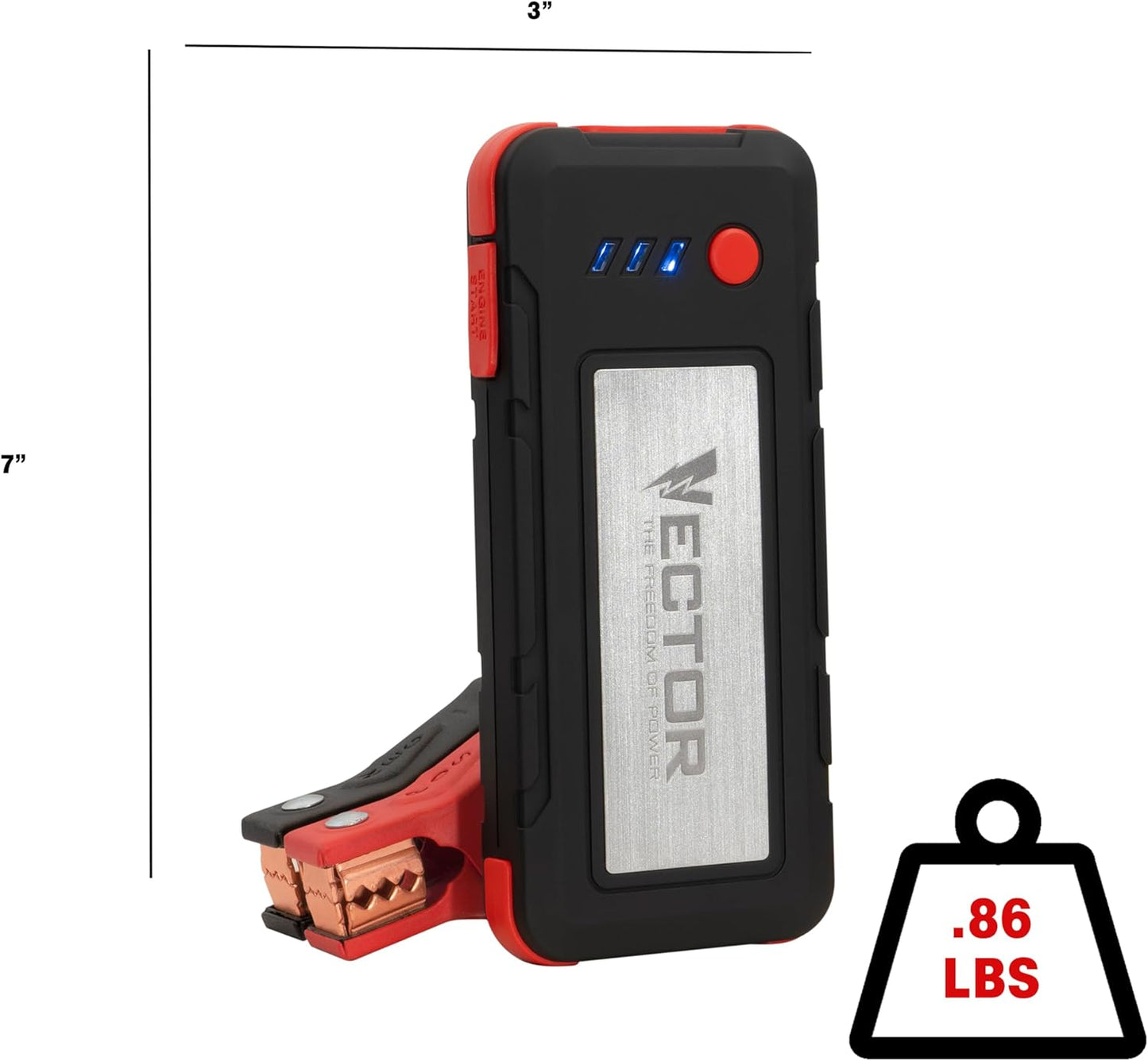 VECTOR SS16LV 1600 Peak Amp Lithium Jump Starter Battery Booster, USB-A and USB-C (3.1 Amps), Power in & Out, LED Work Light, & Heavy Duty Powder Coated Clamps
