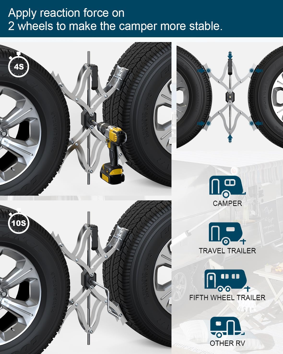 X Chocks XL [Extended Allow Drill Adjust], A Pair 4'' to 17'' Wheel Stabilizer for Travel Trailers, RV Tire Stabilizers Locked Chocks for Campers Travel Trailers Trucks, Wheel Scissor with Wrench