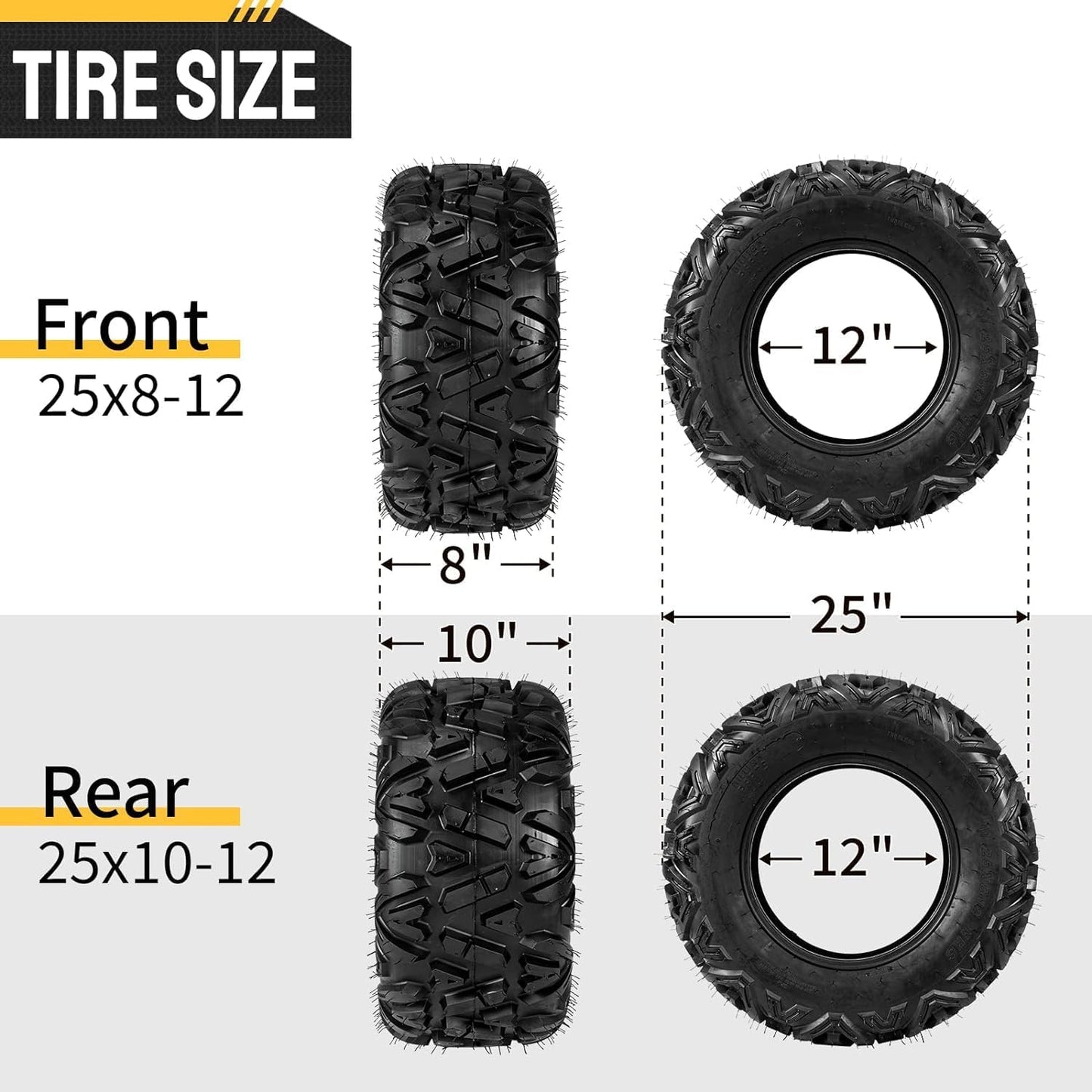 Complete Set of 4 All Terrain ATV UTV Tires 25x8-12 Front & 25x10-12 Rear 6PR Tubeless