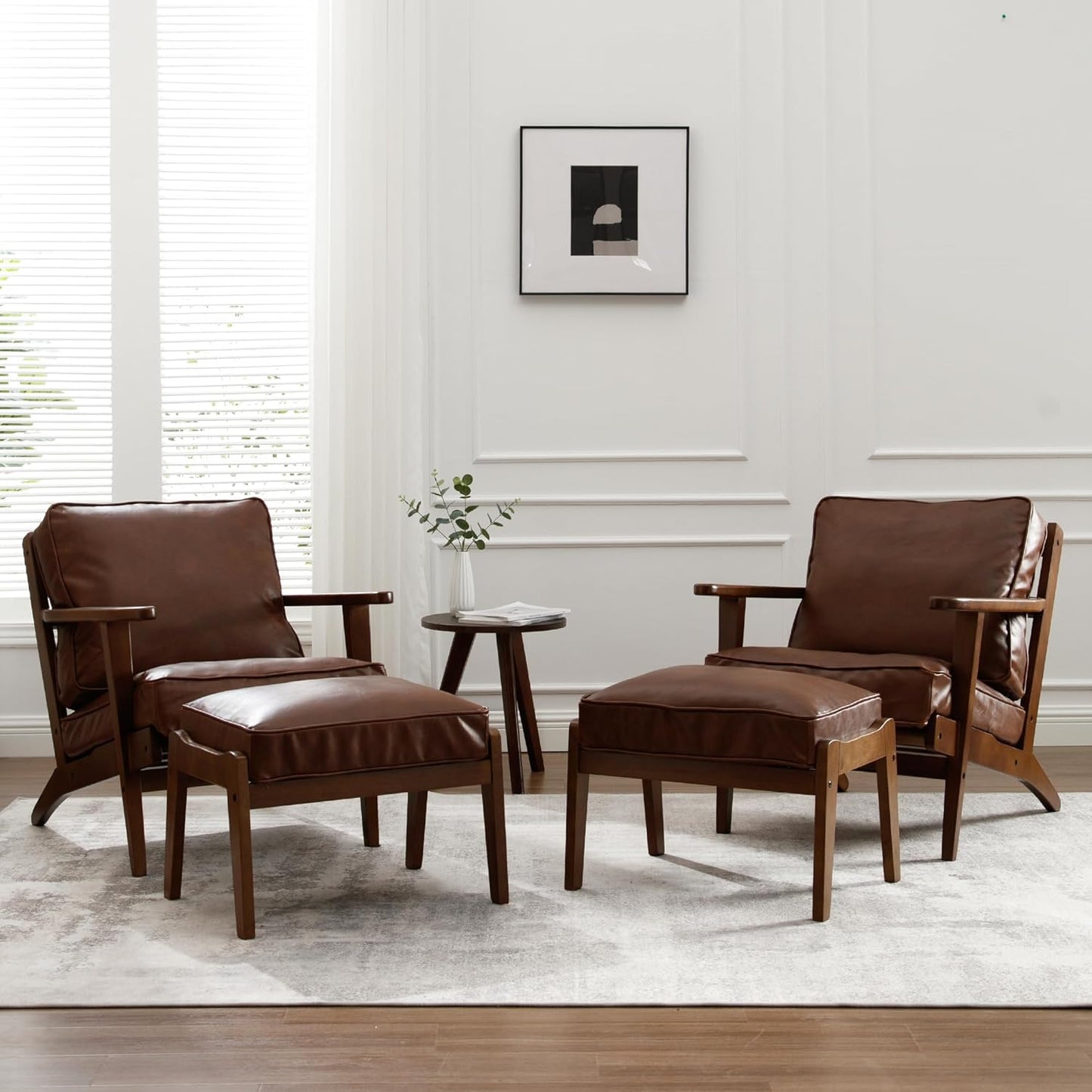 Comfy Accent Chair with Ottoman, PU Faux Leather Living Room Reading Chair Armchair, Upholstered Side Chair Mid Century Modern Sofa Lounge Chair for Bedroom/Guest Room, Brown