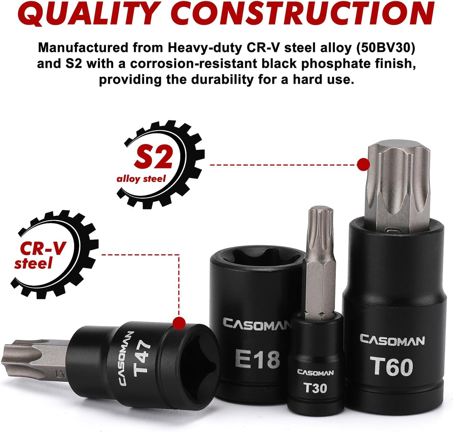 CASOMAN 71-Piece Master Hex & Torx Bit Socket Set, 1/4" & 3/8" & 1/2" Drive, Metric/SAE Hex Bit Sockets, Star Bit Sockets (T6 - T70), E-Torx Sockets (E4 - E24), with Storage Case