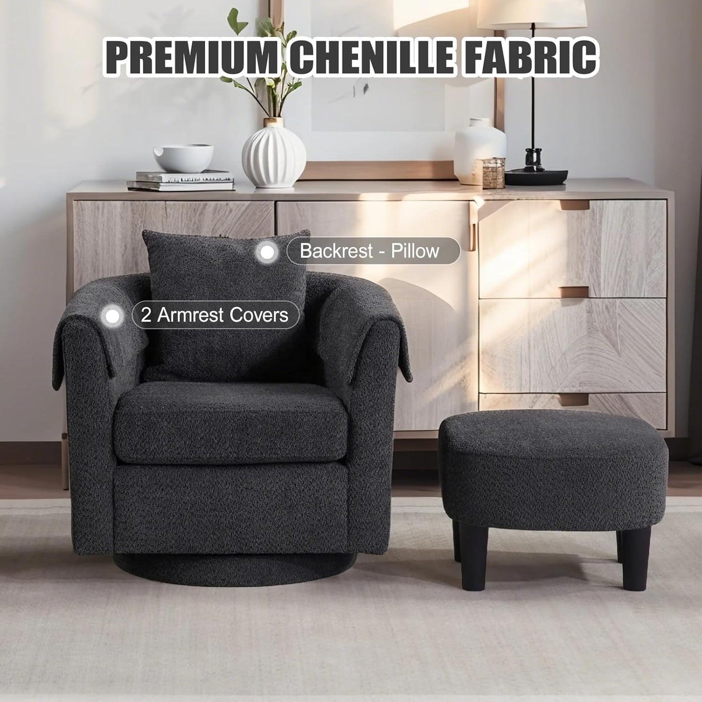 360 Swivel Accent Chair with Ottoman Set, Modern Chenille Barrel Armchair for Living Room, Comfy Reading Chair with Footrest & Removable Pillow & 2 Armrest Covers, Sofa Seat for House/Office(Black)
