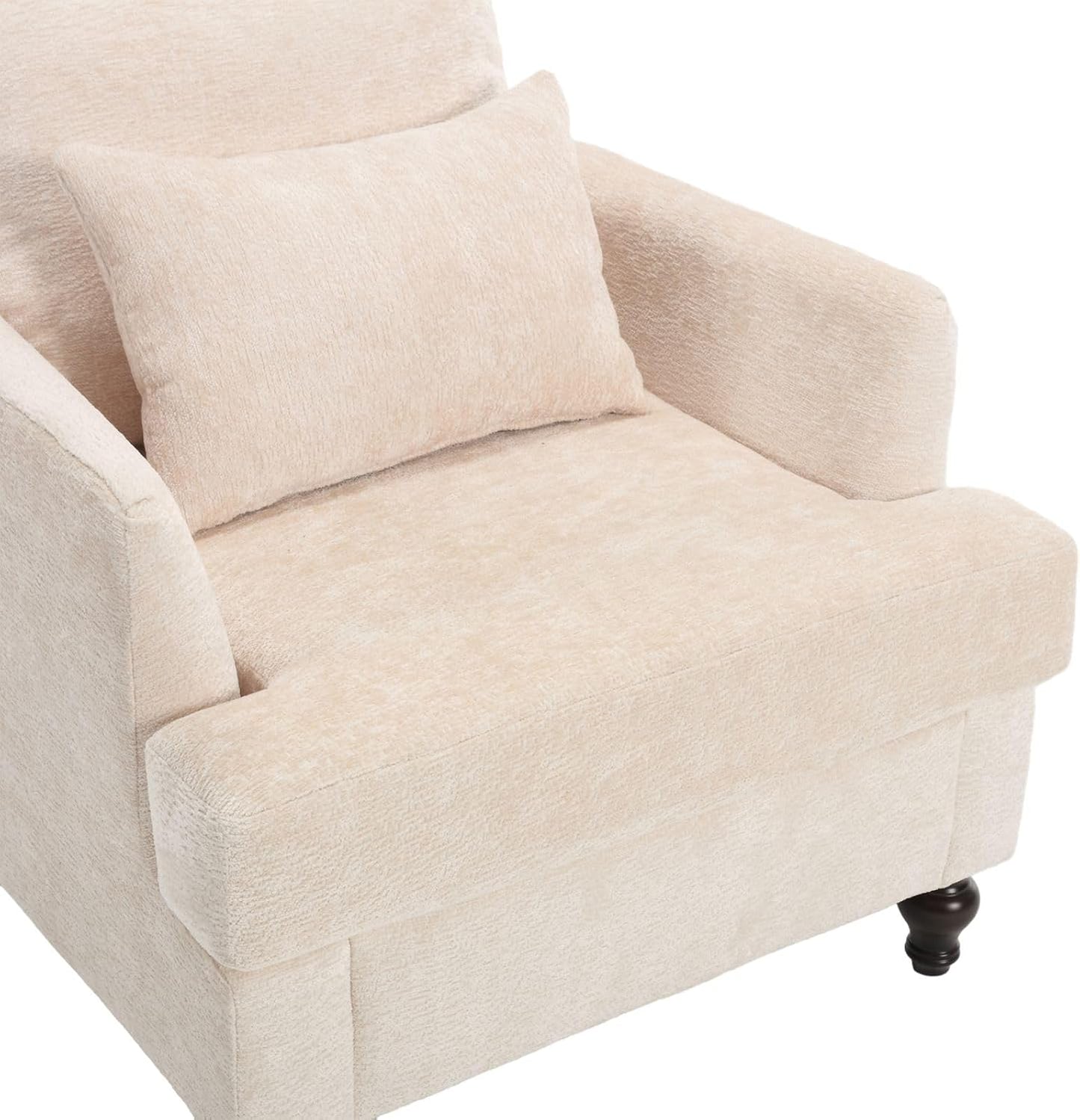 Chenille Accent Chair Set of 2, Mid-Century Modern Living Room Chair Wood Frame Armchair with Pillow Comfy Lounge Chair for Club Bedroom Office, White