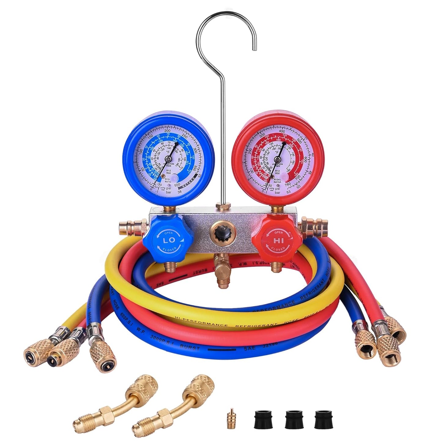 BACOENG AC R1234YF Gauge Set, Automotive 4 Way R1234yf Refrigerant Recharge Kit, R134A AC Manifold Gauge Set with 5FT Hoses for Car Charging and Evacuation