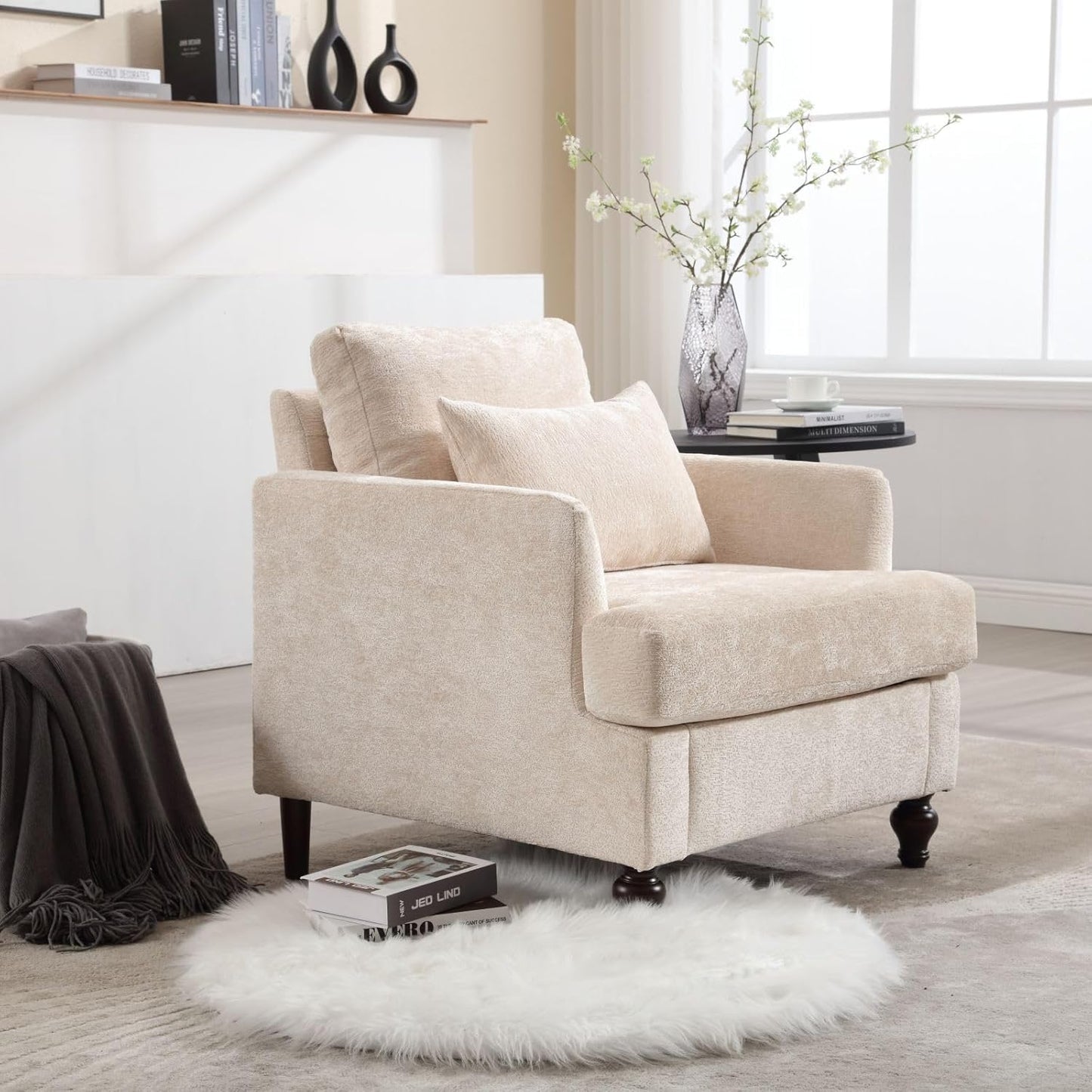 Chenille Accent Chair Set of 2, Mid-Century Modern Living Room Chair Wood Frame Armchair with Pillow Comfy Lounge Chair for Club Bedroom Office, White