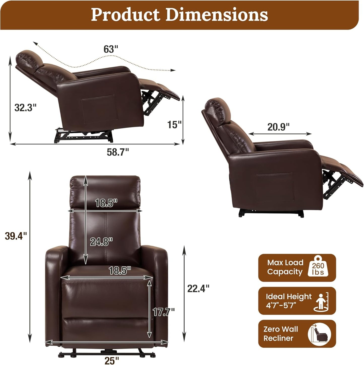 Zero Wall Power Recliner Chairs, Small Recliner for Small Spaces and Petite People Man Woman (1, Dark Brown Faux Leather)