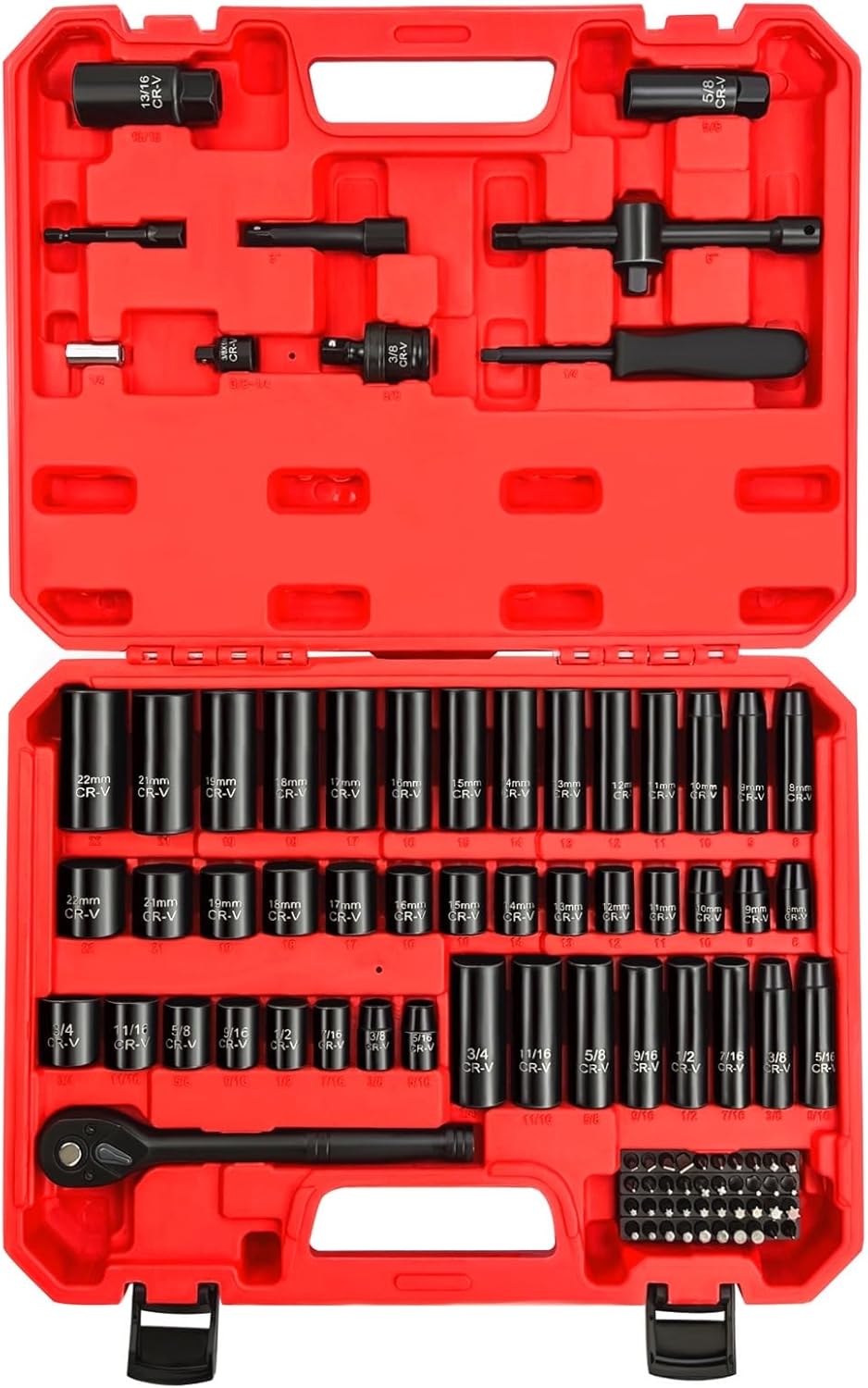WETT 1/4" and 3/8" Drive Socket Set, 86-Piece Socket Wrench Set with Quick-Release Ratchet, Extention Bar, Adapter, 1/4" Bits, CR-V Steel, Metric/SAE, Deep/Shallow, Mirror Chrome Finish