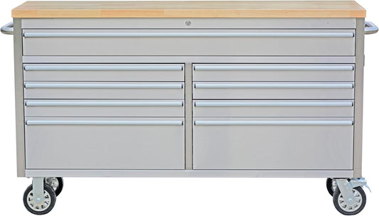 61 inch Rolling Tool Chest, Garage Workbench with 15 Drawers, Solid Rubber Wood Top & with Wheels Lock Key Locking, Mobile Workstation Tool Cabinet for Workshop Storage