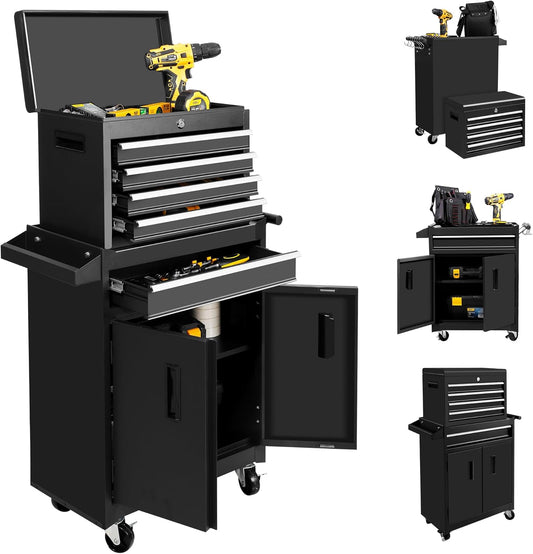 Steelite Tool Chest with Wheels, Large 5-Drawer Tool Box Organizer, Lockable Wheels & Sliding Drawers & Detachable Top & Adjustable Shelf, Metal Rolling Tool Cart for Garage Workshop
