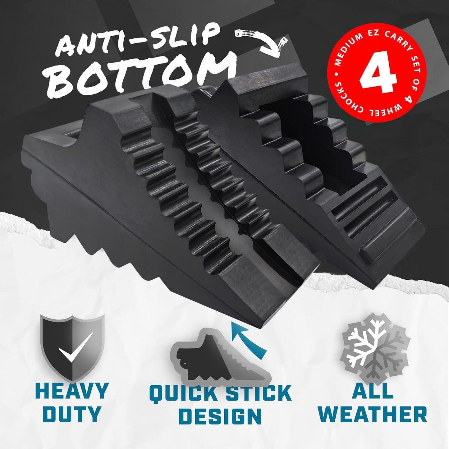 Wheel Chocks for Cars, RVs, Trucks, Trailers, and Vehicles G.V.W. up to 8T, 4 Pack - Anti Slip Bottom Tire Chock for All Weather Use - RV, Travel Trailer, Pop Up Camper Accessory