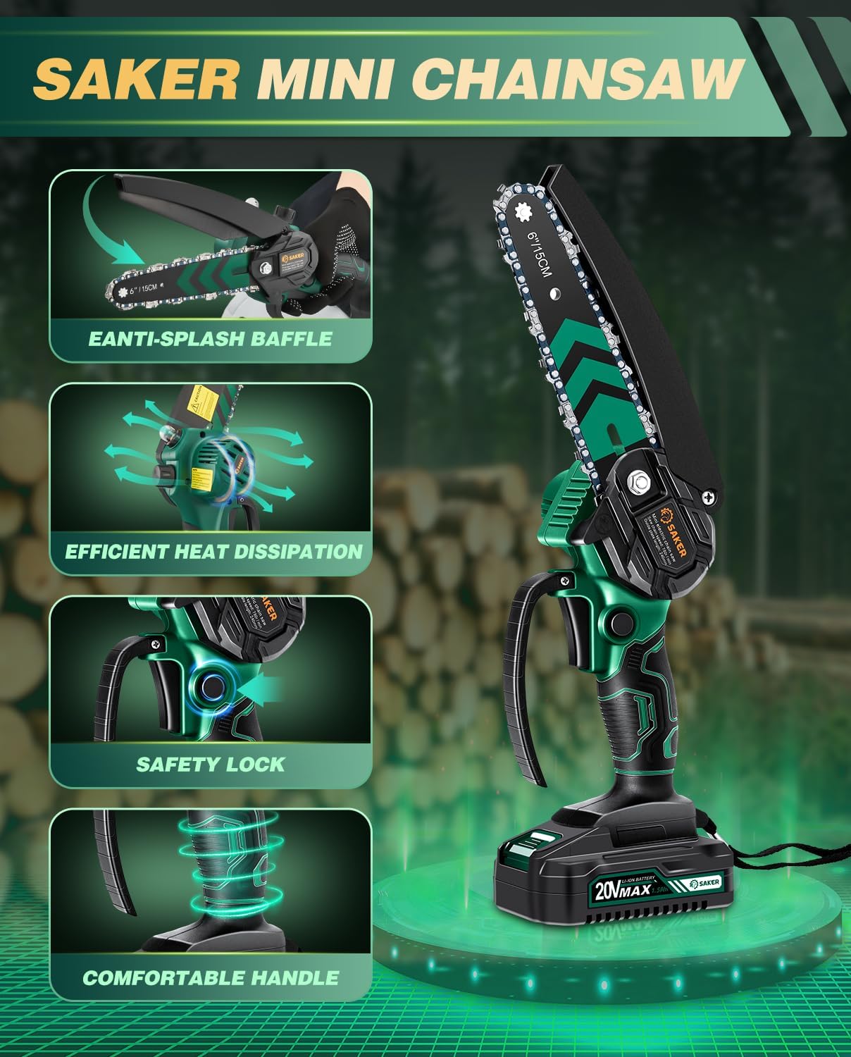 Saker Mini Chainsaw with Auto Oiler|6 Inch Chainsaws[2025 Upgraded]|Mini Cordless Electric Chain Saw|Small Handheld Portable Chainsaw Battery Powered for Tree Trimmer and Garden 2 Batteries+3 Chains