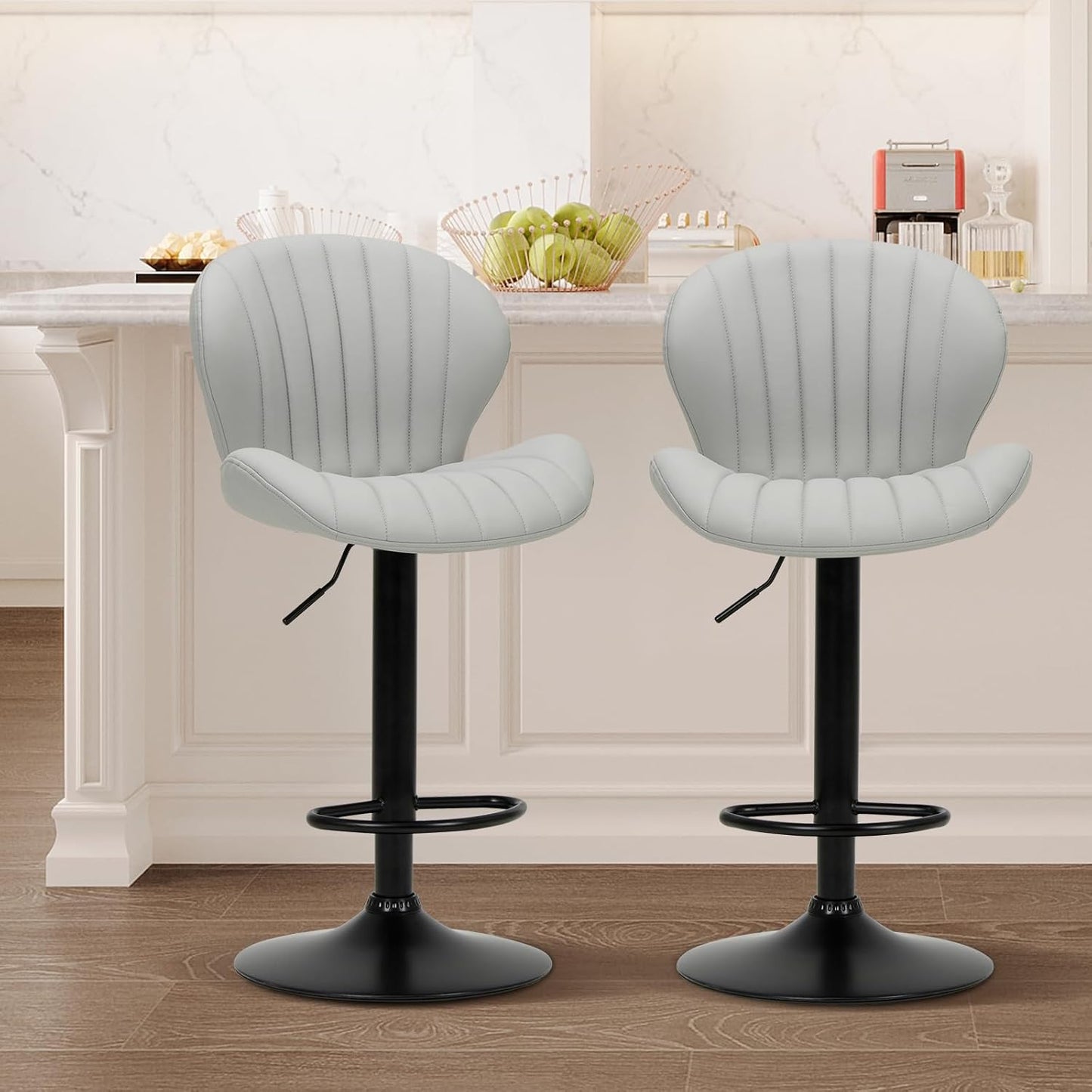 COLAMY Bar Stools Set of 2, Modern Swivel Bar Chairs, Adjustable Faux Leather Upholstered Barstools Counter Height with High Backrest for Bar, Kitchen Island, Dining Room, Black