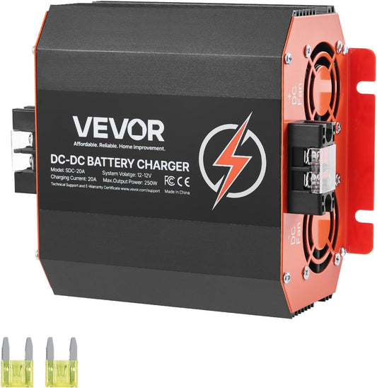 VEVOR 12V 20A DC to DC Battery Charger, 250W, On-Board Battery Charger for Lead-Acid, Lithium, AGM, Gel, and Flooded Batteries, Smart Multi-Stage Charging, for RVs, Commercial Vehicles, Boats, Yachts