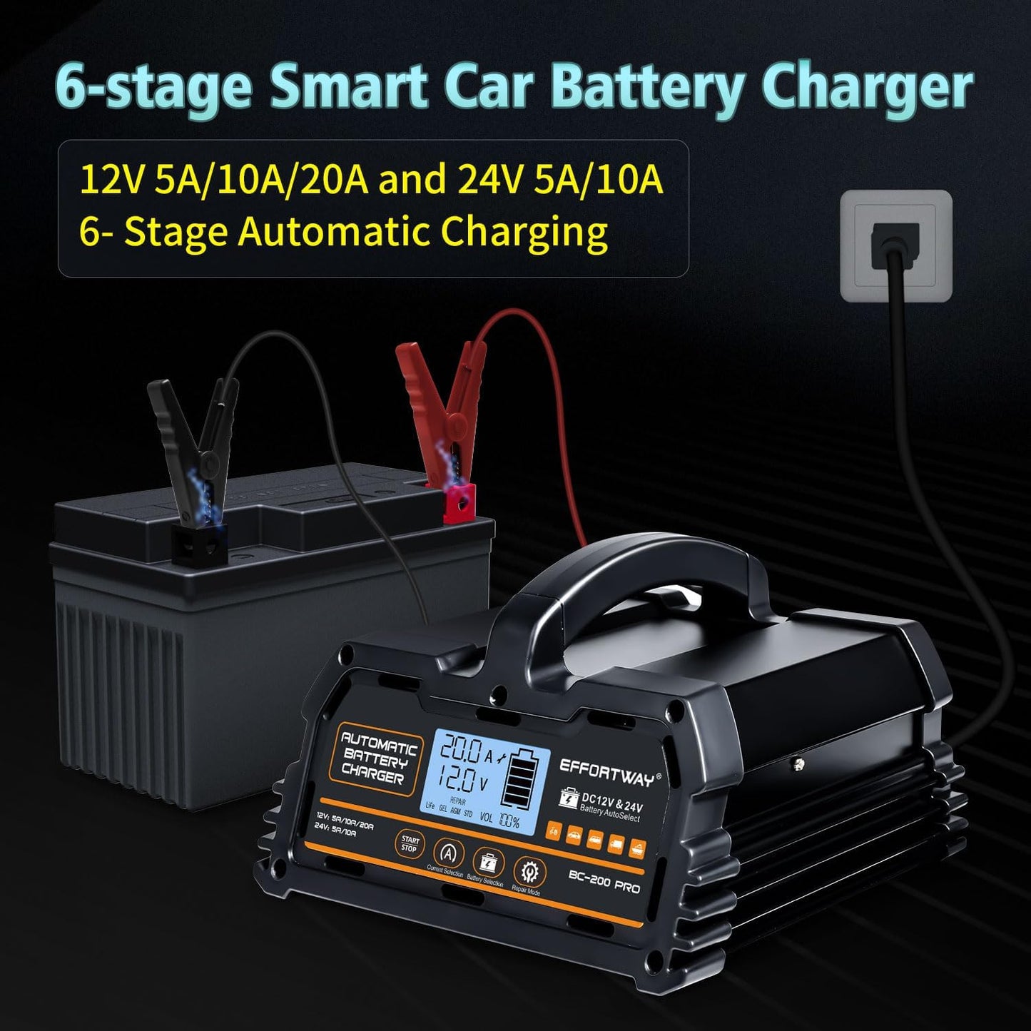 20A 12V/24V Battery Charger,Lead Acid Charger, 12V LiFePO4 Charger. Smart Battery Charger with Trickle Charge.Car Battery Maintainer with LCD Display. Suitable for Trucks,AMG,Motorcycles