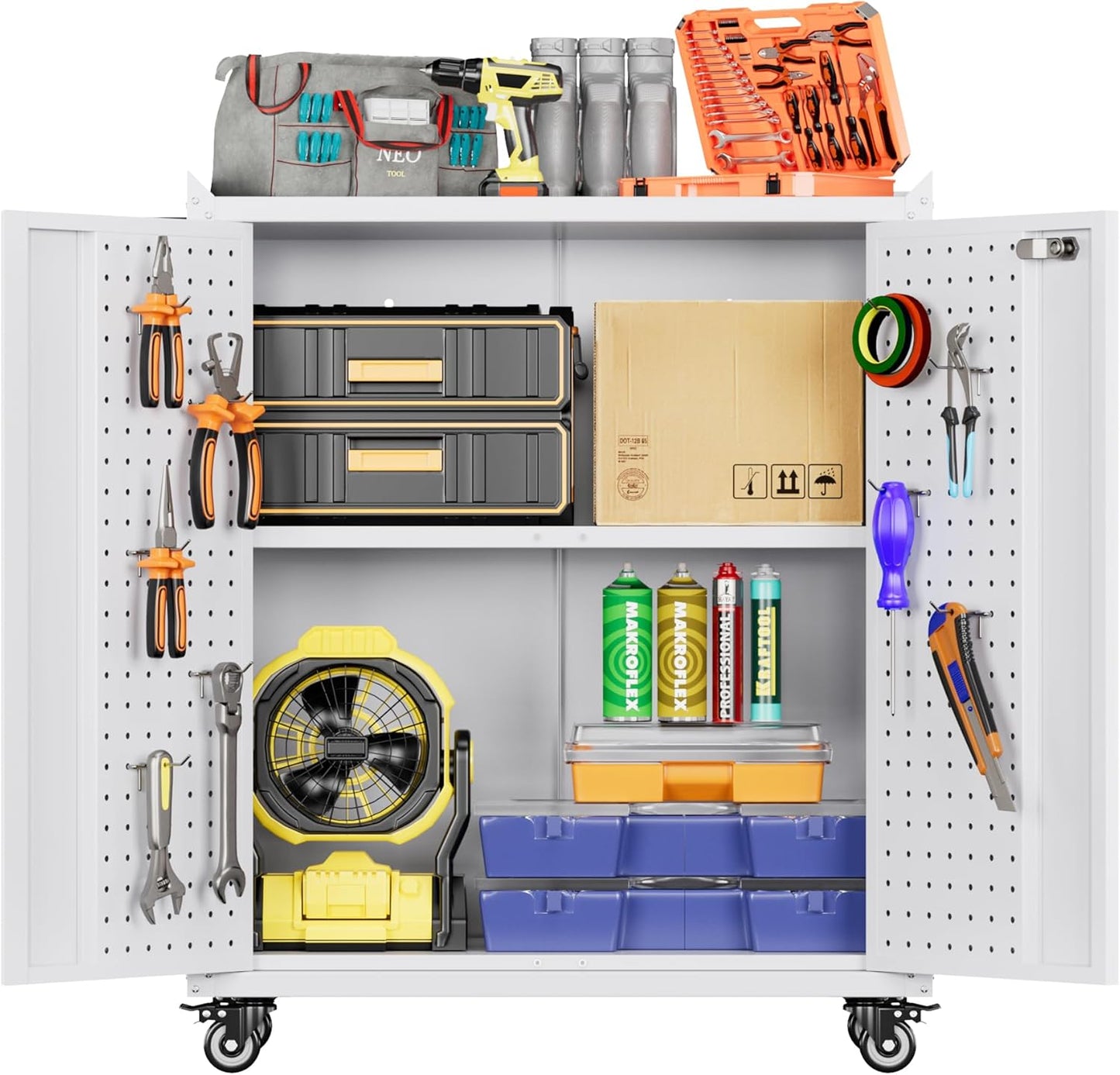 71" H Broom Storage Cabinet with Wheels and Doors,Rolling Tool Cabinet with Pegboard,Shelves and Rod for Garage Warehouse Home,Required Assembly,Black