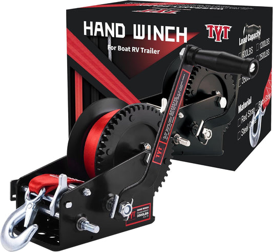 TYT 3500LB Boat Trailer Strap Winch with 10M Red Strap, Sturdy Long-Lasting Gear Hand Crank Winch, Operated Two Way Ratchet Manual Winches for Towing Pulley Boat Trailer Truck RV Jet Ski Marine Winch