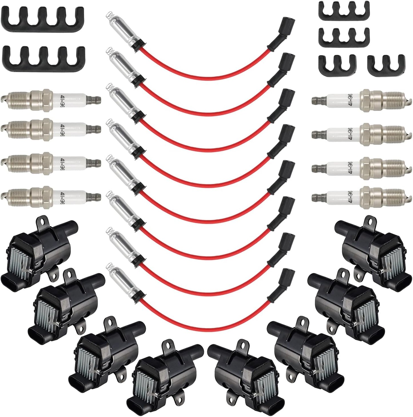Set of 8 UF414 Round Ignition Coil Set with 41-962 Spark Plugs & 12192192 748UU Spark Plug Wires Set, Compatible with Chevrolet Chevy GMC 1500 2500 3500 4.8L 5.3L 6.0L, Replace C1512 D514A E894 IC534
