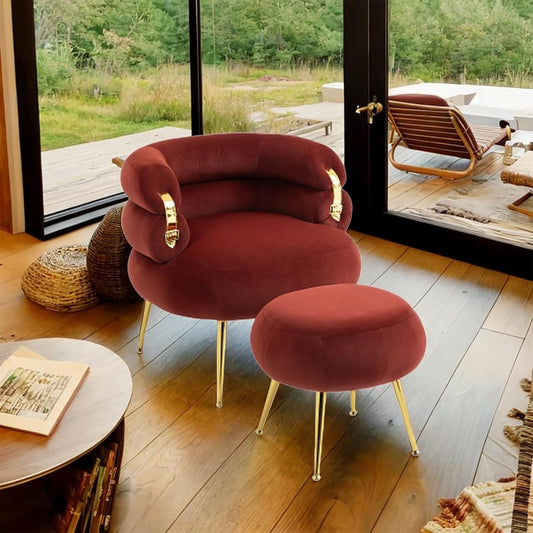 Accent Chair with Ottoman Upholstered Button Tufted Armchair for Living Room, Butacas para Sala Modernas Barrel Lounge Chair with Sturdy Metal Legs (Wine RED + Velvet)