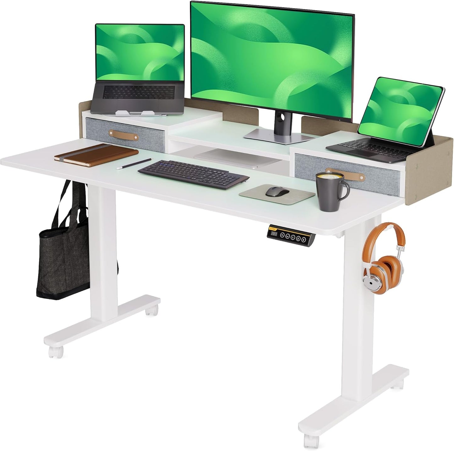 Claiks Standing Desk with Drawers, Adjustable Stand Up Electric Standing Desk Adjustable Height with Storage Shelf and Splice Board, 59 Inch, White