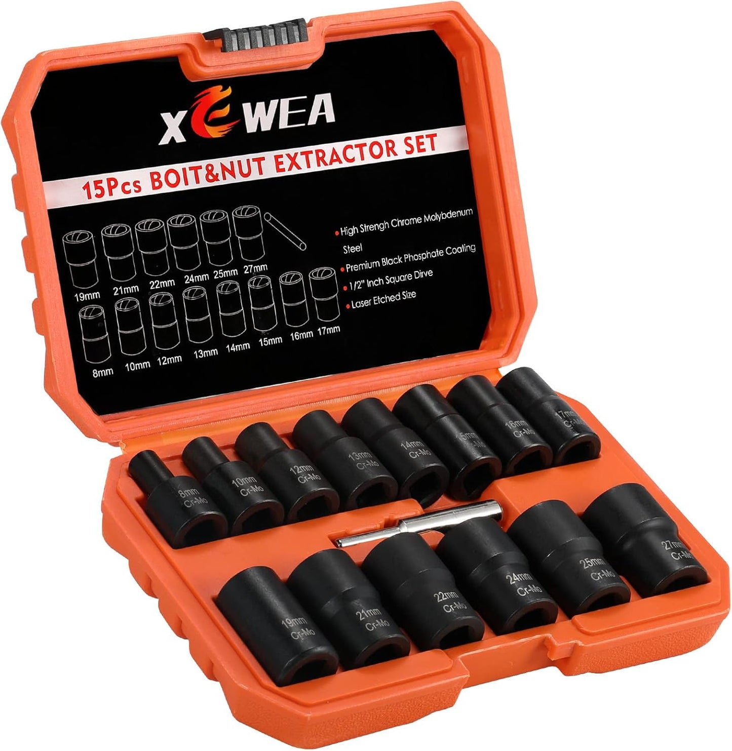 XEWEA 15PCS 1/2" Drive Lug Nut Removal Tools, Striped Wheel Lock Removal Kit Easy Out Twist Socket Extractor Set for Damaged, Frozen, Rusted, Rounded-Off Bolts Nuts & Screws