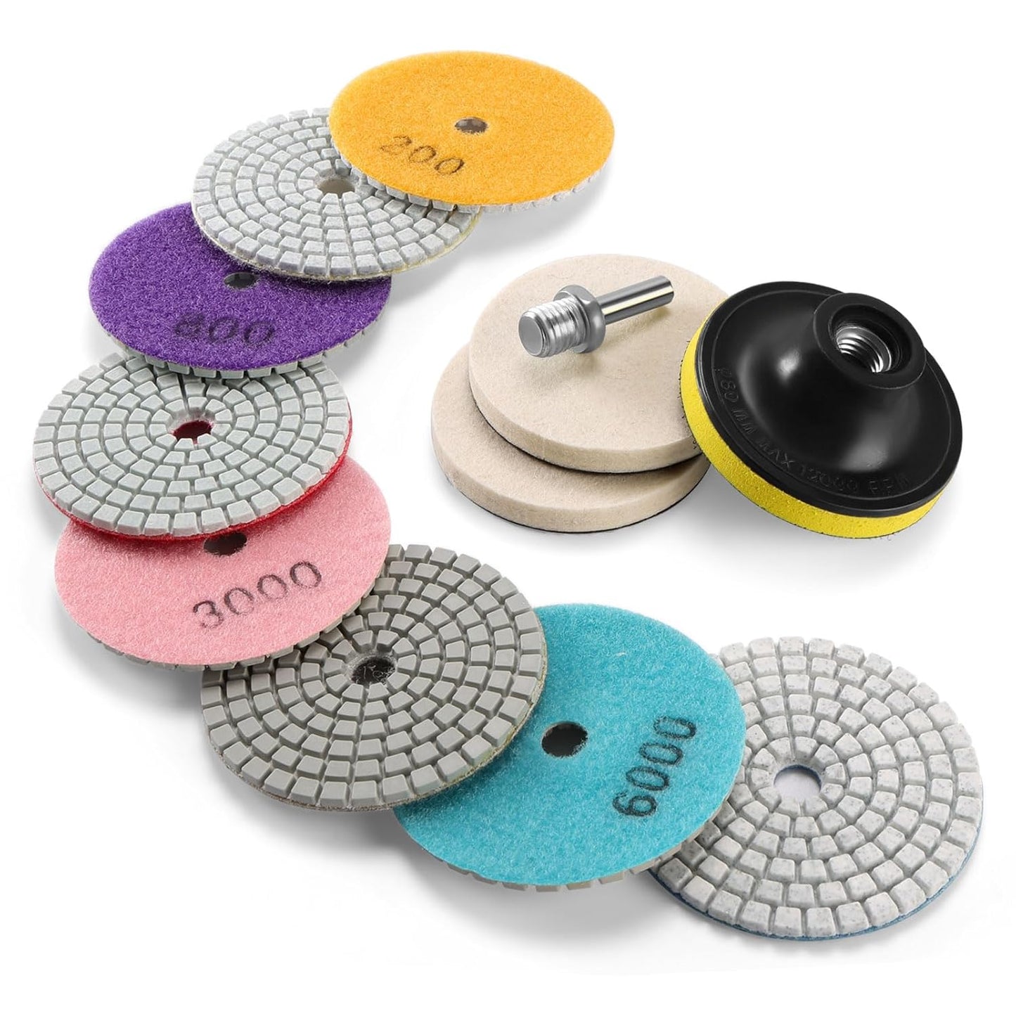 8PCS Diamond Polishing Pads 7 Inch, Wet/Dry Concrete Polish Tools Kit for Drill, Grinder, Polisher, 50-3000 Grit Polishing Set for Marble Granite Quartz Stone