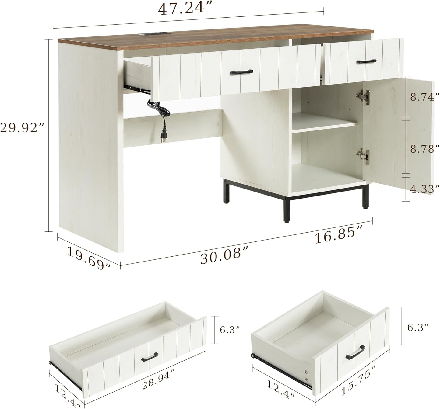 White Desk with Storage, 47 inch Farmhouse Style Desk with Drawers - 2 Drawers & File Drawer, Home Office Computer Desk with Storage Cabinet