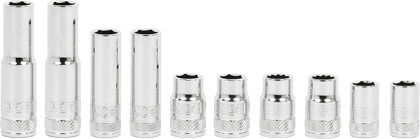 ARES 39009-12-Piece 1/4-Inch Drive Metric Flex Socket Set - 6 Point Sockets Constructed From Premium Heat Treated Chrome Vanadium Steel - Storage Rail Included