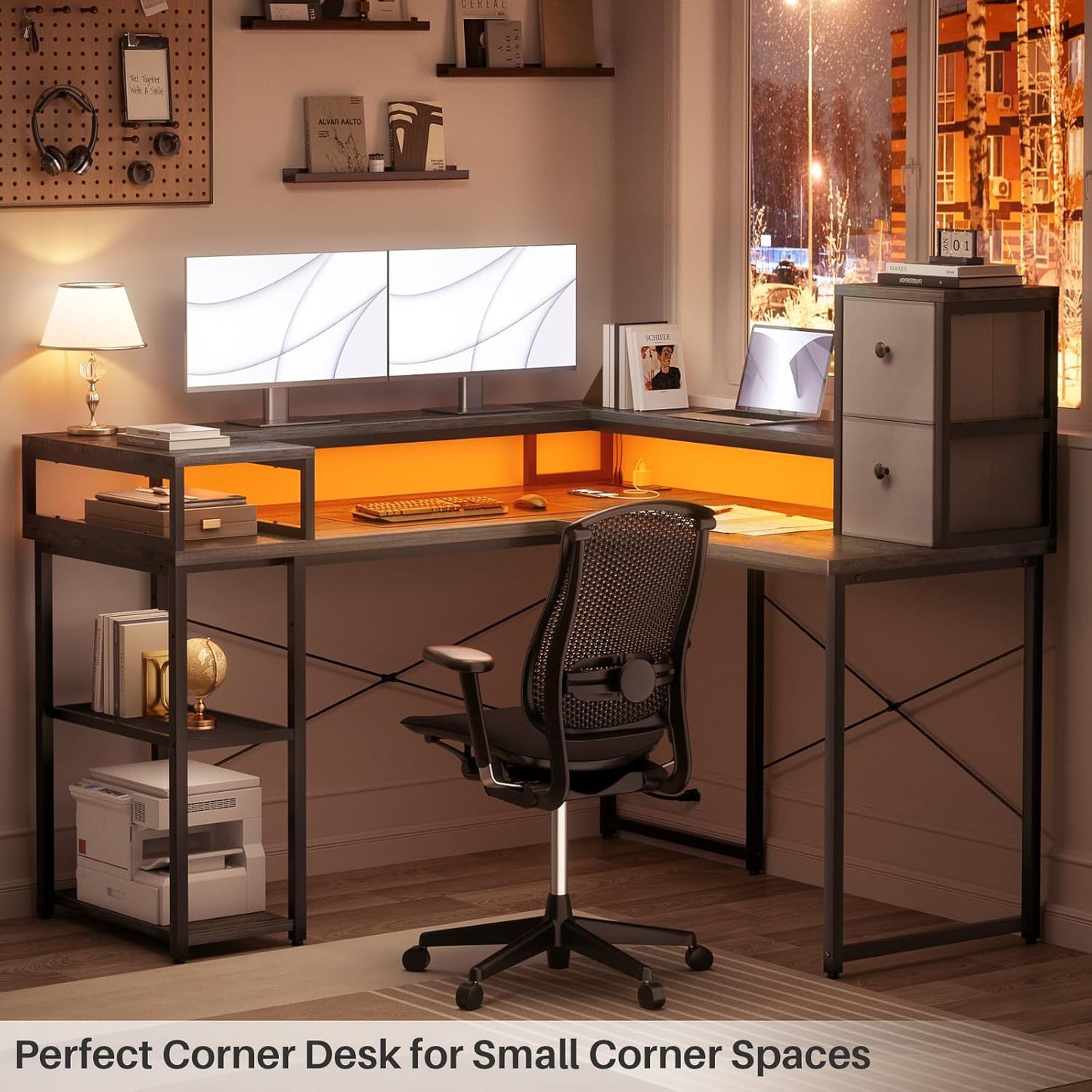 armocity L Shaped Desk with Drawers, Reversible Corner Computer Desk with LED Light & Power Outlet, 55.2'' L-Shaped Gaming Desk with Long Monitor Shelf, Home Office Desk for Small Corner Space, Grey