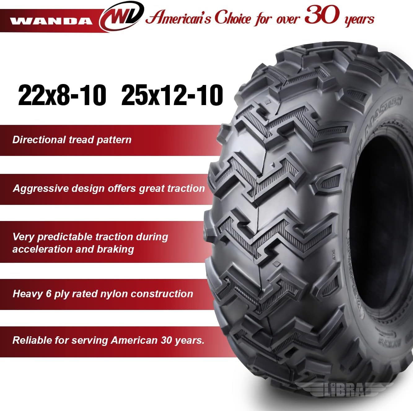 WANDA Set of 4 ATV UTV Tires 22x8-10 Front & 25x12-10 Rear 6PR