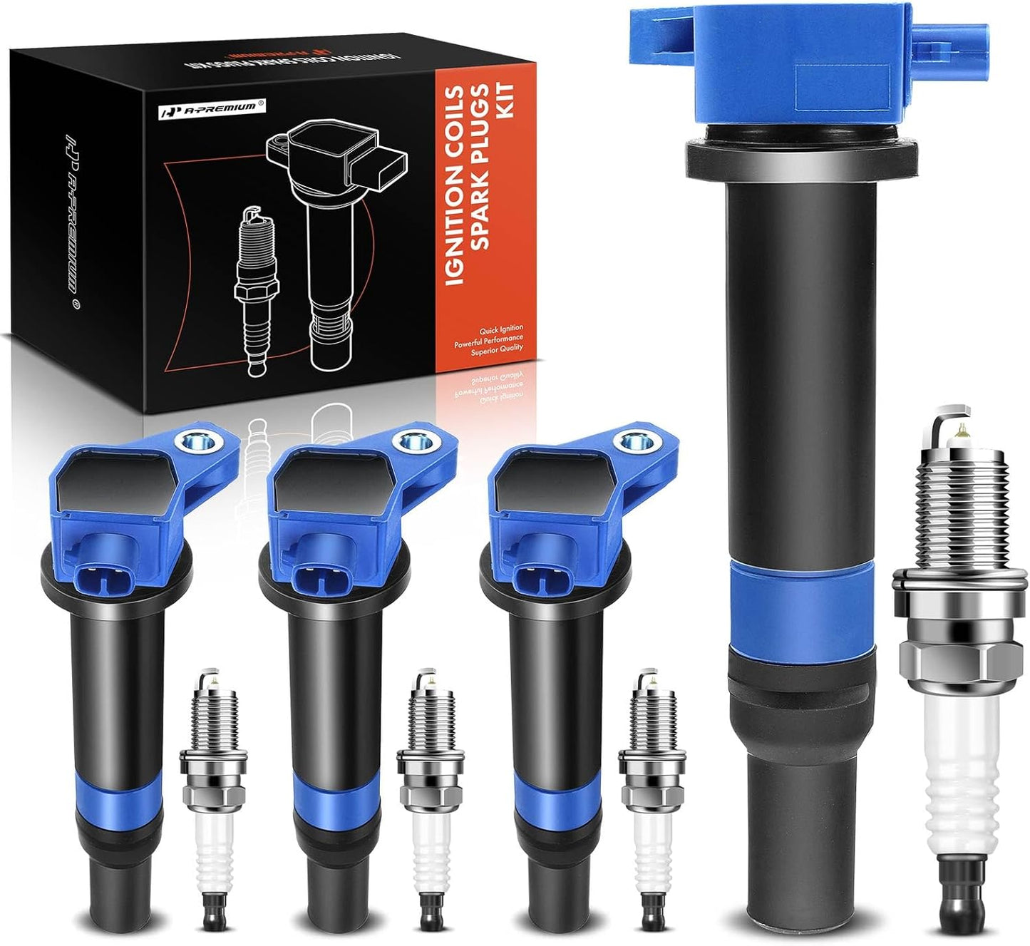 A-Premium Set of 4 Ignition Coil Pack and Iridium Spark Plugs Compatible with Hyundai Veloster 2012-2017, Accent & Kia Rio Soul 2012-2019, 1.6L Naturally Aspirated