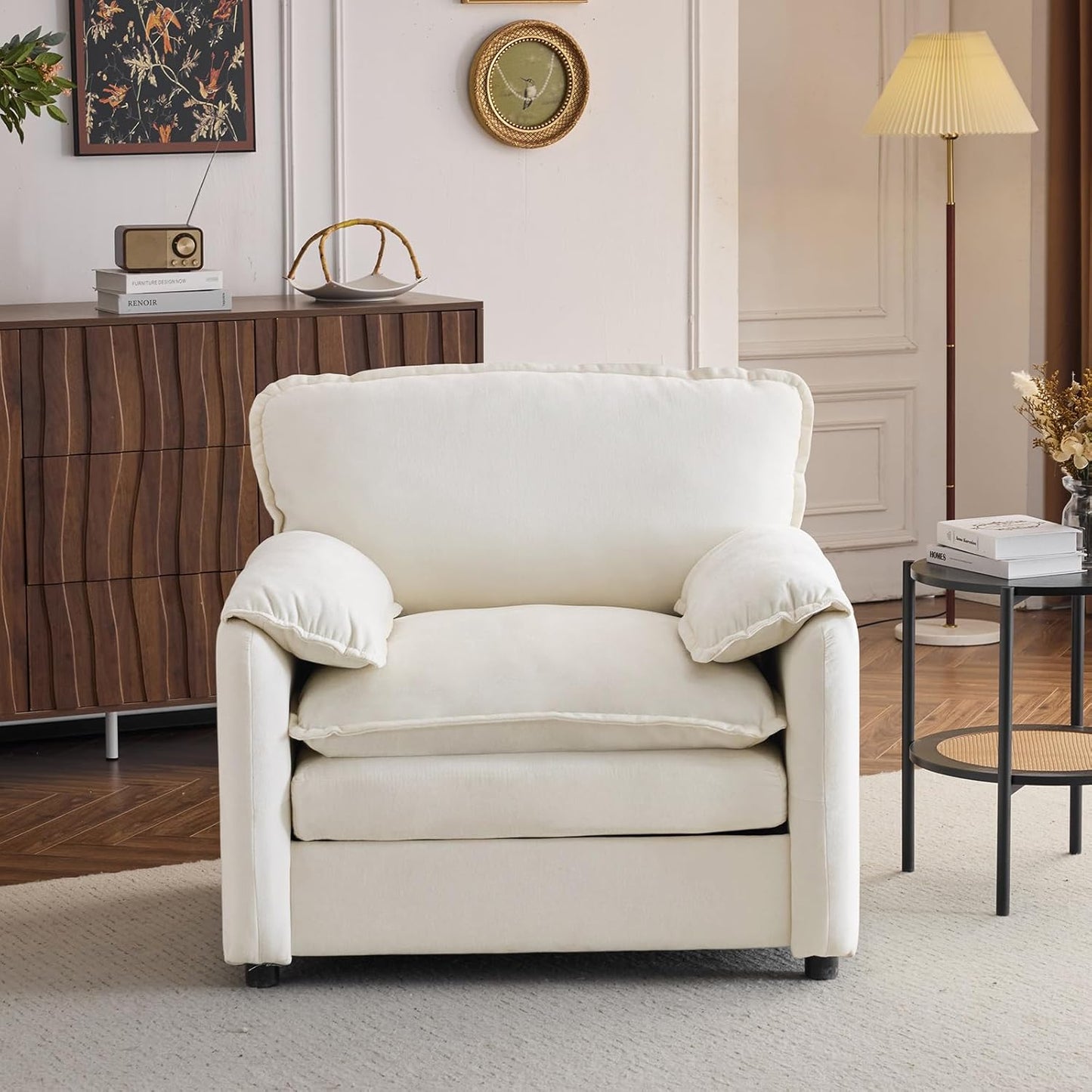 Chenille Oversized Armchair, 38.6" Wide Modern Accent Chairs & Single Sofa Lounge, Upholstered Mid-Century Reading Chair for Living Room Bedroom(Beige)