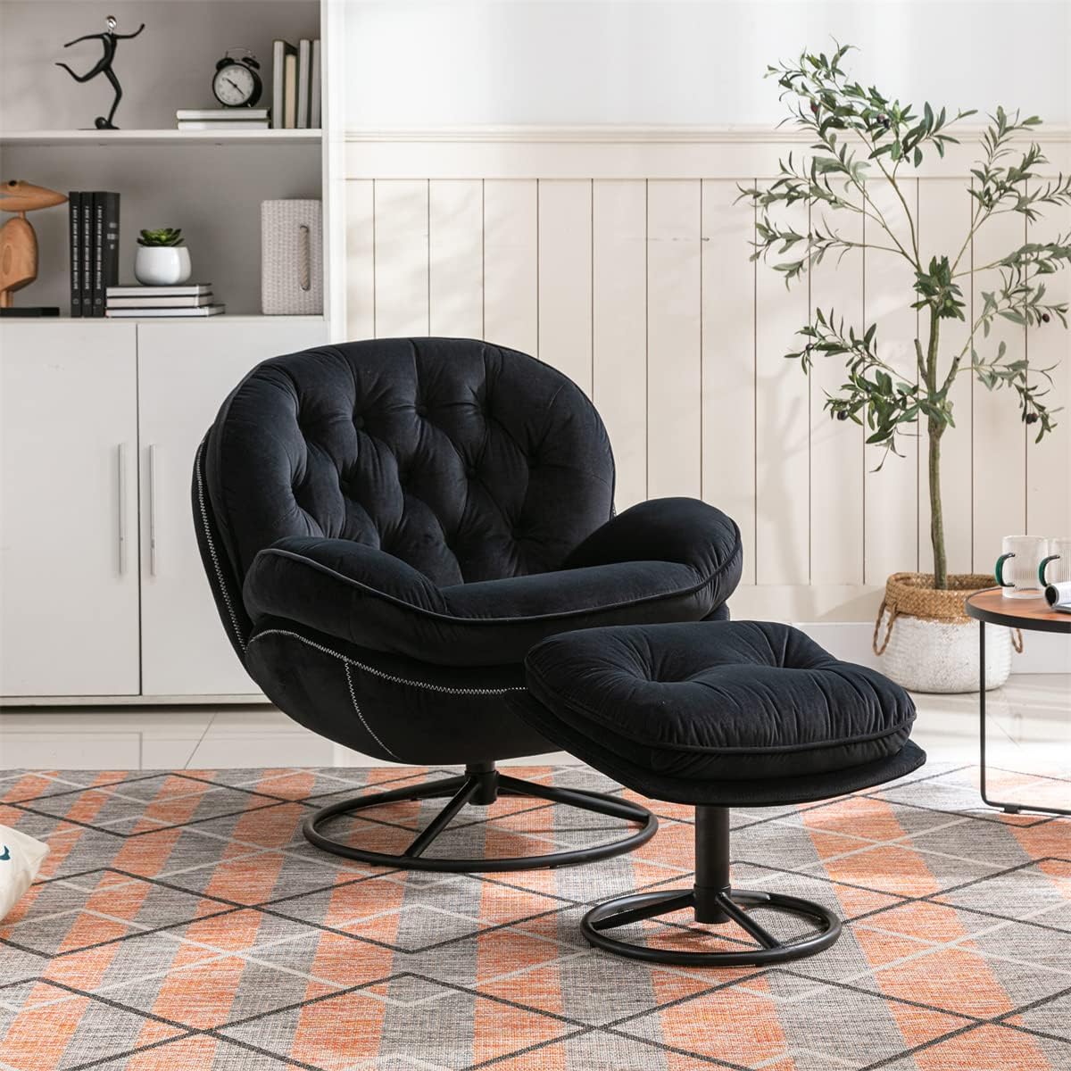 TRIPLE TREE Modern Swivel Accent Chair, Mid-Century Lounge Chair and Ottoman Set, Velvet Upholstered Button Tufted Recliner Chair, Reading Chair with Footrest for Living Room Indoor Bedroom, Black