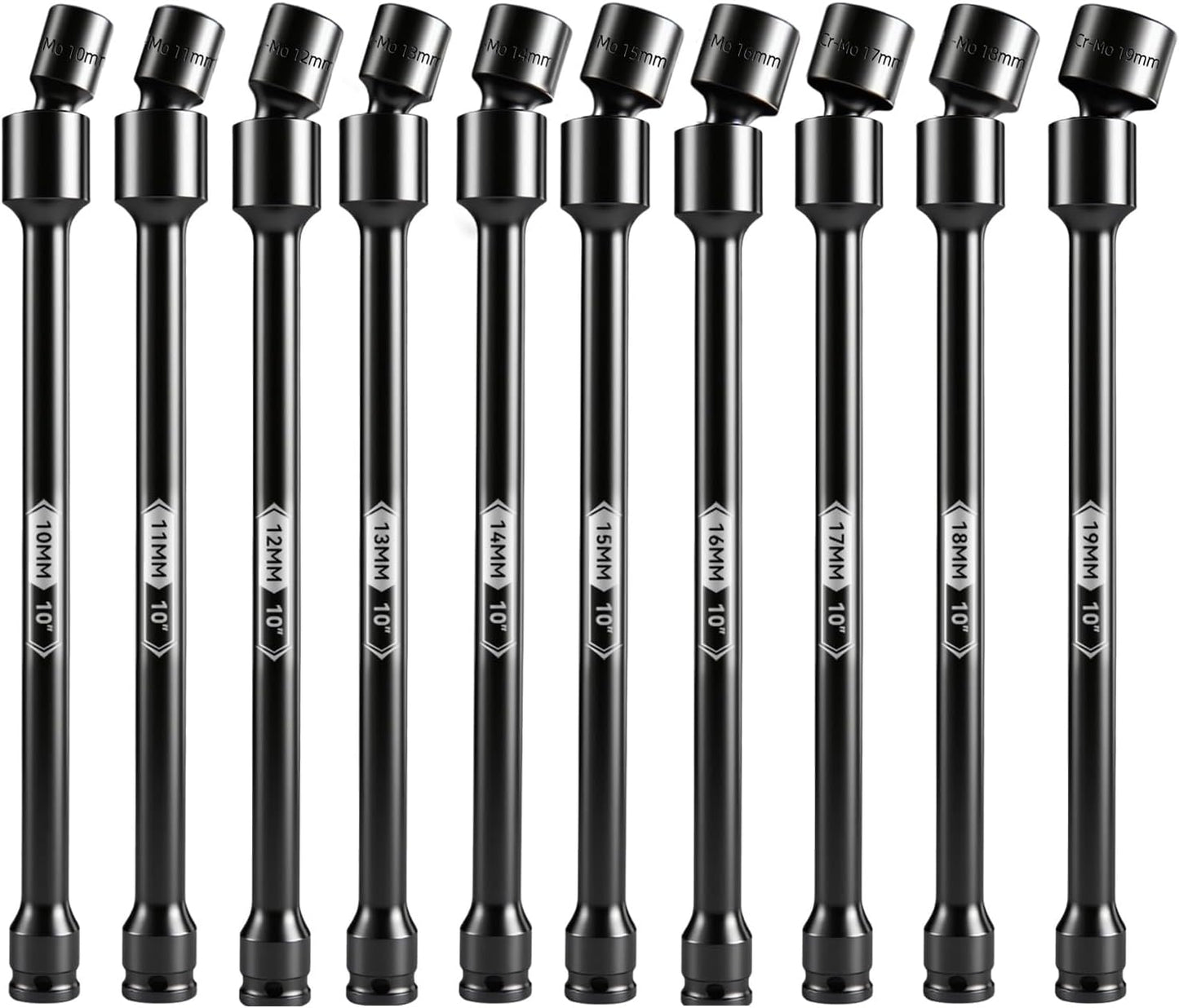 BLACKROBOT 10-Inch 3/8" Drive Impact Swivel Extension Socket Set - Pinless Universal Joint, Metric Size (10-19mm), 6-Point, Cr-Mo Steel