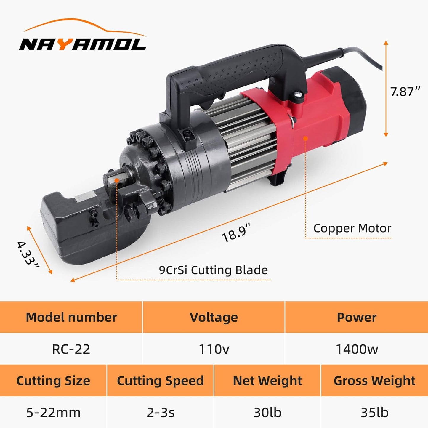 7/8 inch 1400W Electric Hydraulic Rebar Cutter with Pure Copper Motor,Fast 2-3s Cutting for Construction,Cuts 3/16"(5mm) - 7/8"(22mm) #7 Rebar,110V,Portable with Toolbox,RC-22