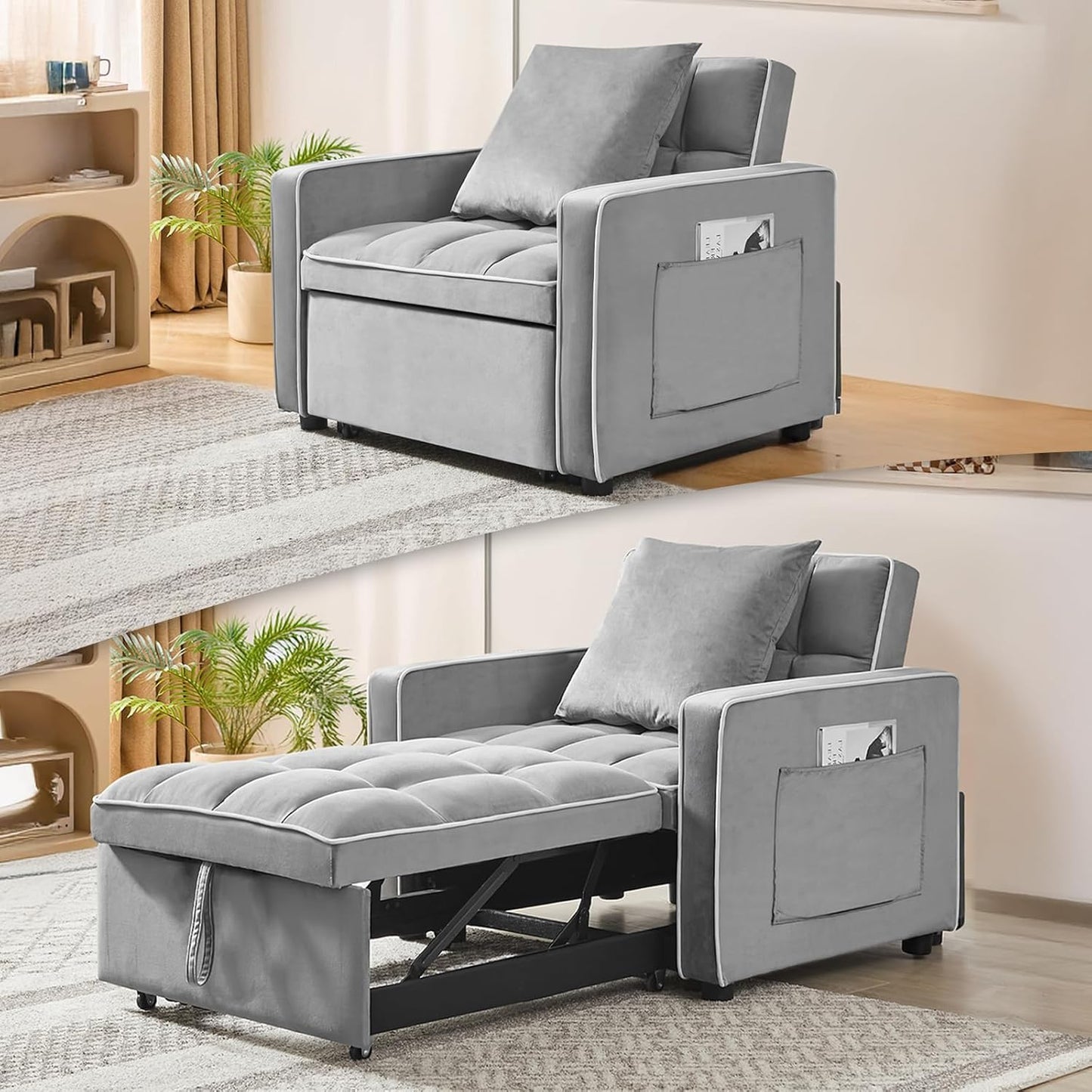 3 in 1 Single Convertible Sleeper Sofa Chair, 35.4" Pull Out Sofa Bed with Adjustable Backrest, Modern Chaise Lounge with Storage, Sleeper Chair Bed with Pillow for Living Room (1, Black)