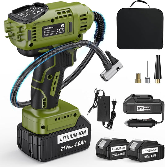 TREE.NB Cordless Tire Inflator Portable Air Compressor with 2 21V Battery Powered Air Pump Portable Tire Inflator for Car 150PSI with Dual Power Supply Modes, LED Light