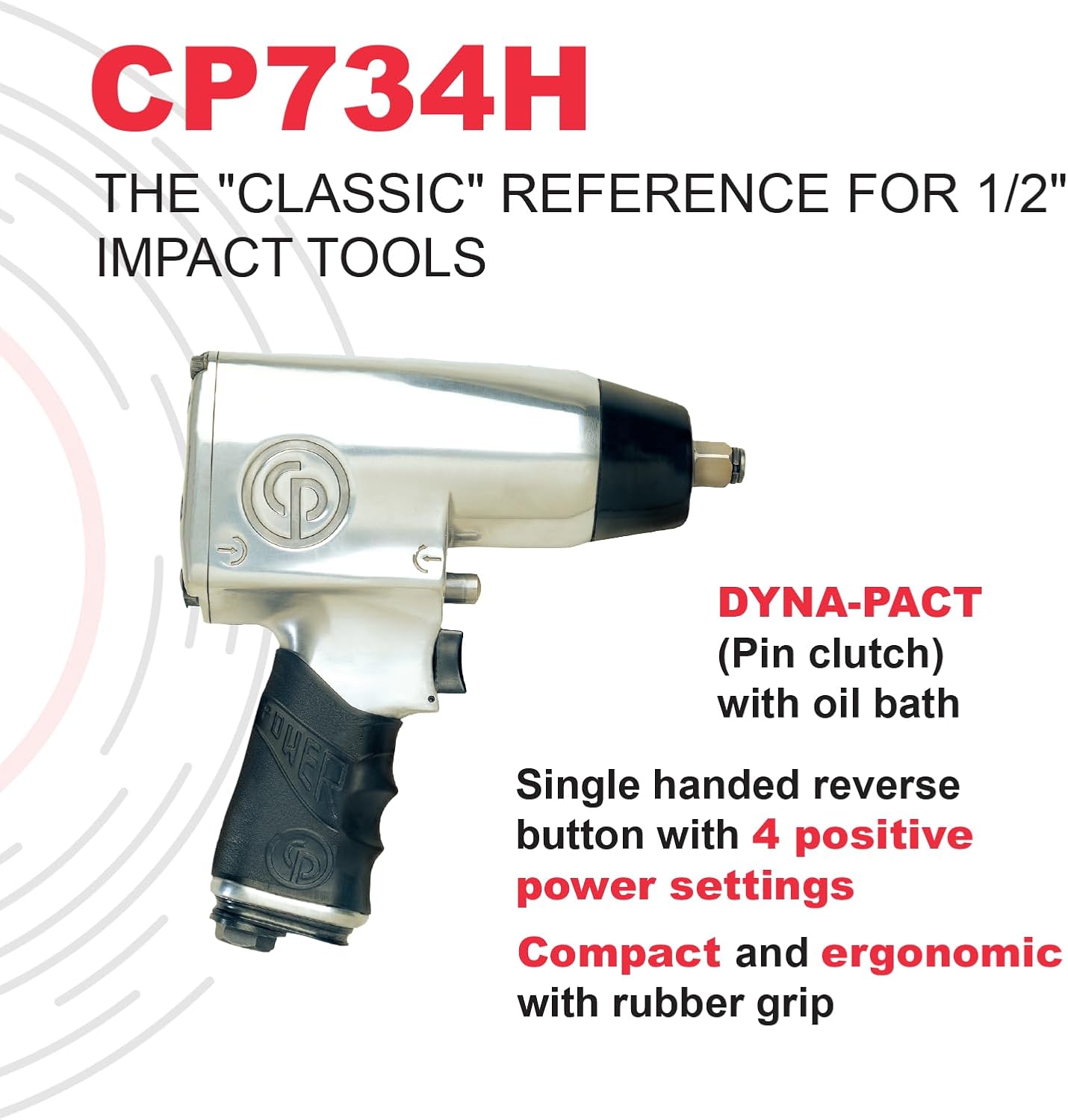 Chicago Pneumatic CP734H - 1/2 Inch Air Impact Wrench, Pistol Handle, Max Torque Reverse Output 425 ft. lbf / 576 Nm, 9,500 RPM, Pin Clutch, Industrial Tool, Automotive