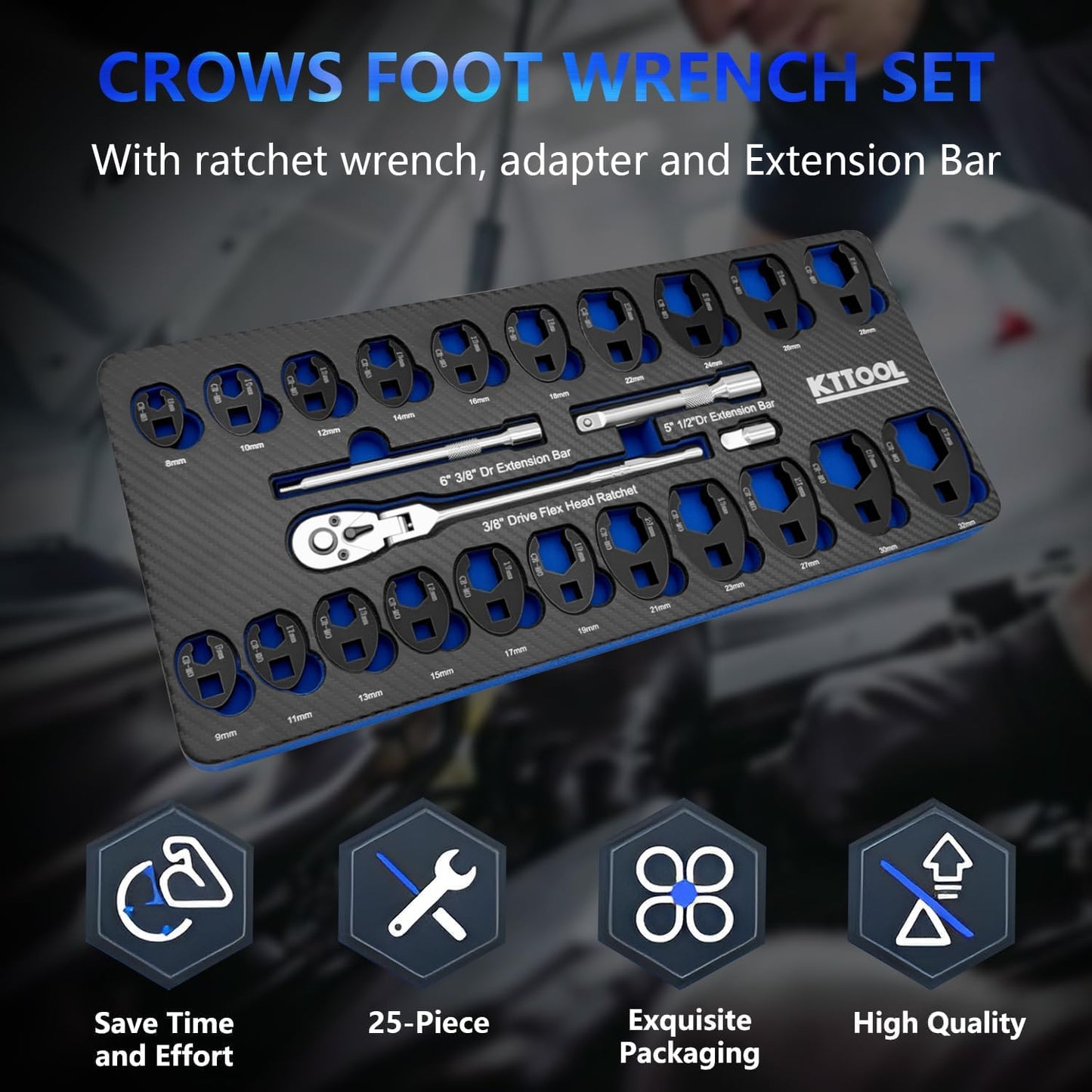25Pcs Crows foot Wrench Set 1/2" and 3/8” Drive Flare Nut Crowfoot Wrench Set Metric 8-32mm 6 Point Crows Feet Wrench