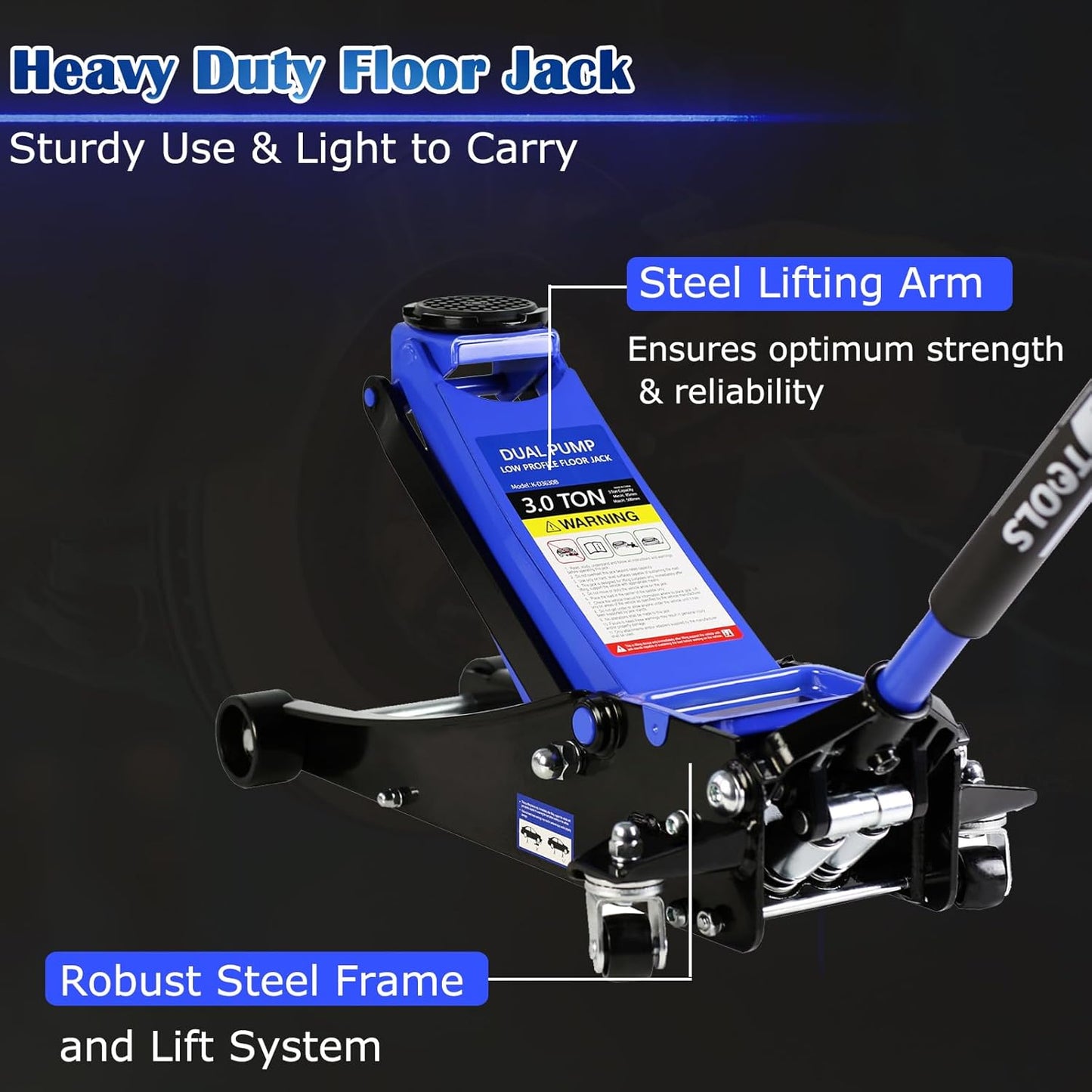 3 Ton Low Profile Floor Jack, Professional Low Profile Hydraulic Jack, Heavy Duty Steel Racing Floor Jack with Dual Piston Quick Lift Pump, 3 Ton (6,600 lb) Capacity, Lift Range 3.3"-18.5"