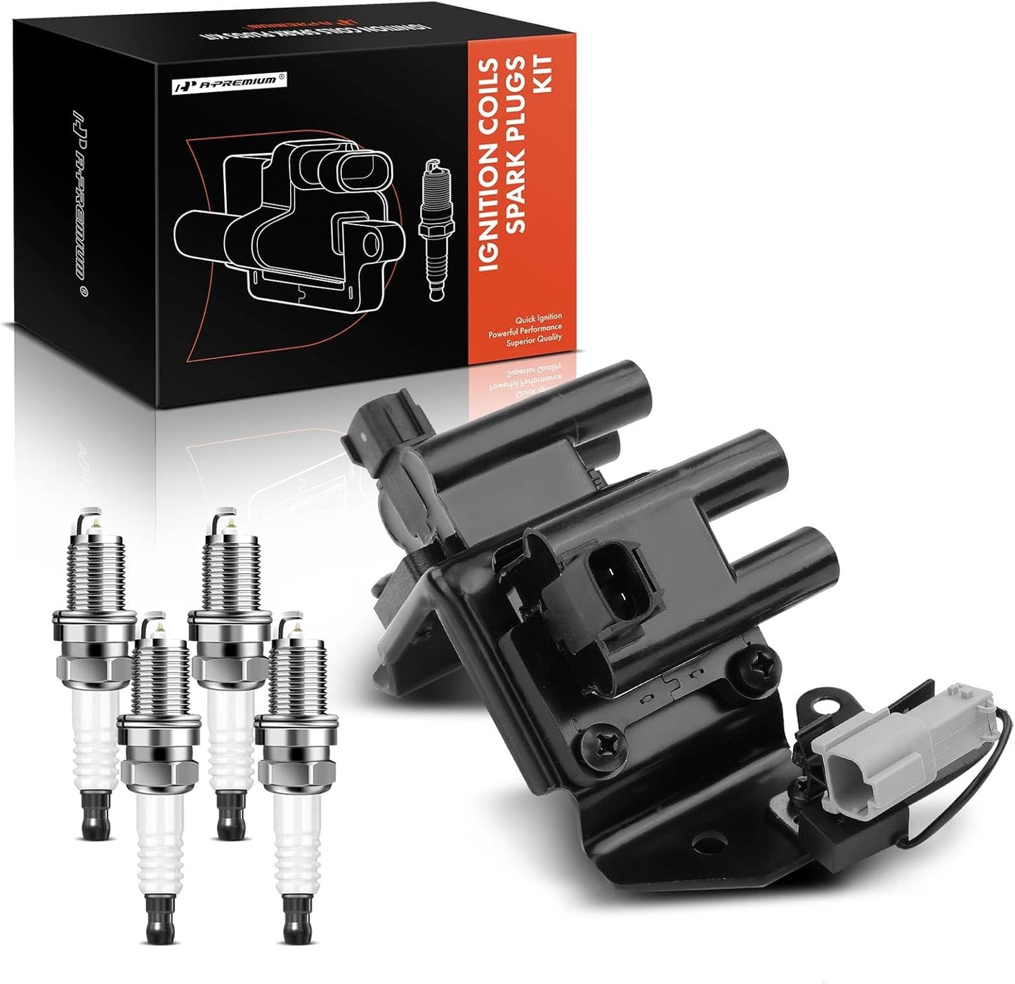 A-Premium Set of 4 Ignition Coil Pack and Iridium Spark Plugs Compatible with Hyundai Veloster 2012-2017, Accent & Kia Rio Soul 2012-2019, 1.6L Naturally Aspirated