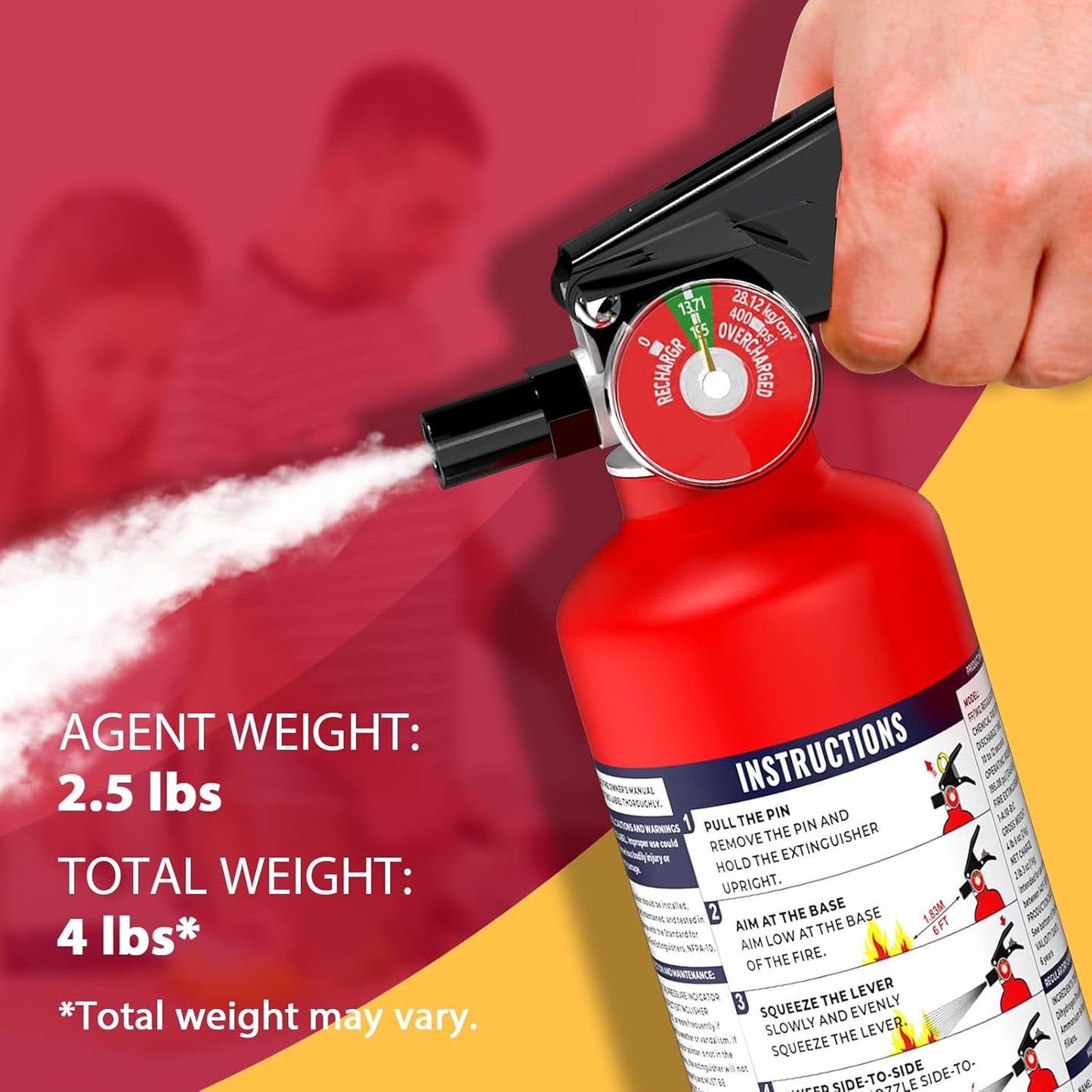 ABC Fire Extinguisher for Home & Vehicle - 2.5 lb 1-A:10-B:C Rated, Dry Chemical Fire Safety with Quick-Release Handle, Certified for Kitchen/Car/Boat Use-Model FF1KG-2Pack