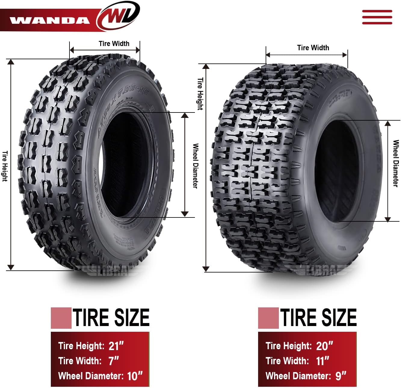 WANDA Full Set Sport ATV tires 21x7-10 21x7x10 & 20x11-9 20x11x9 4PR
