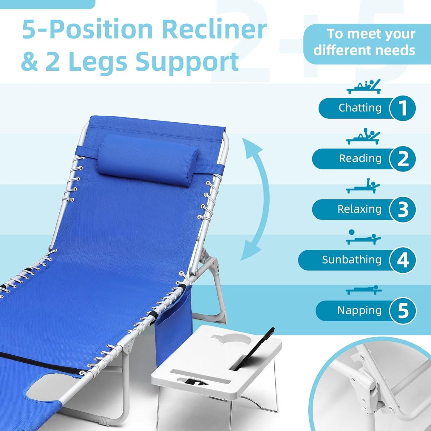 3-in-1 Sun Tanning Chair with Face Holes, Breathable Chaise Lounge Chair Outdoor, 5-Position Recliner, Lay Flat, Folding Side Table, Removable Pillow, Max 330lbs, Beach, Patio, Camping, Blue