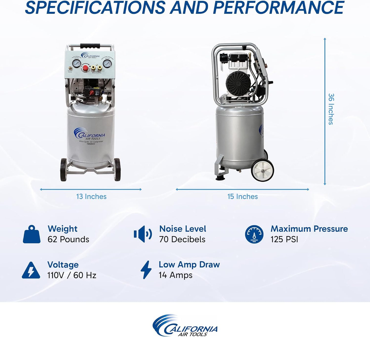 California Air Tools CAT-10020AC 2.0 HP Ultra Quiet, Oil-Free, Lightweight Air Compressor with Wheels, 10 Gallon Tank Capacity, 70 dB Noise Level, Electric, Portable